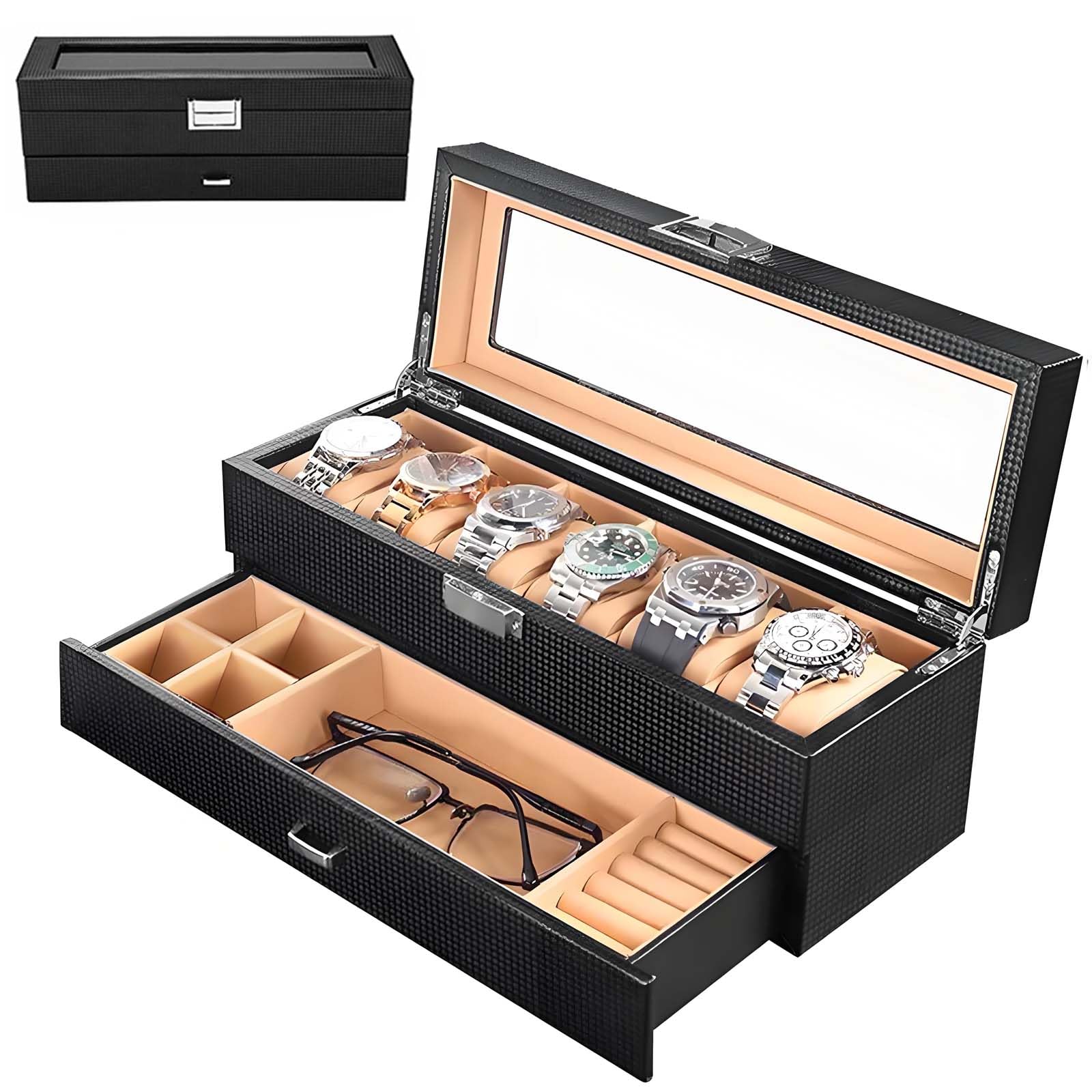NFBCXUTKW Watch Box with 6 Slots, Watch Case Storage holder, Jewellery Box for Men, Sunglasses Storage Organiser, Mens Jewellery Storage with Clear Glass Lid, Double Layer with Buckle