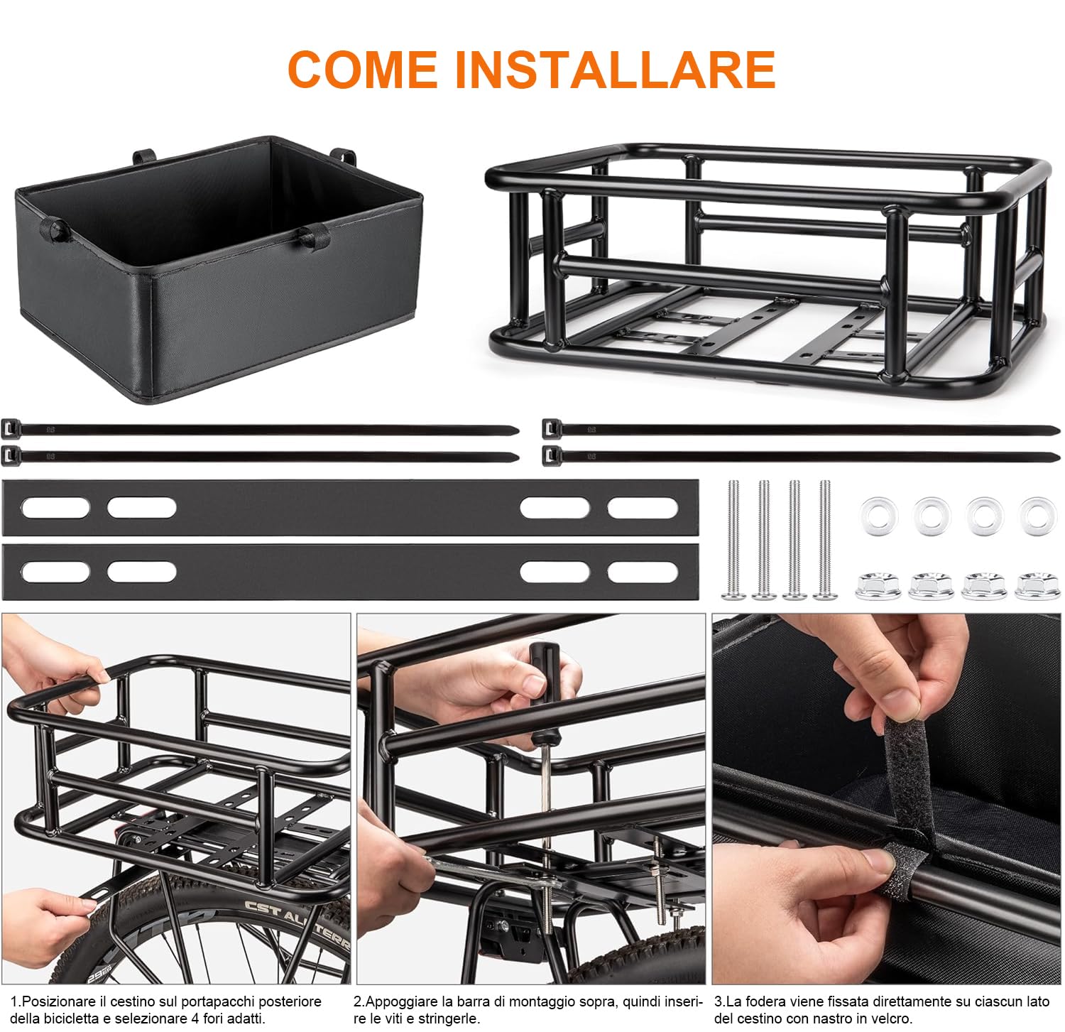 CXWXC Cestino posteriore per bicicletta con rete cargo e fodera, portata fino a 30 kg e volume 10 l, cestino per bicicletta elettrica, bici elettrica
