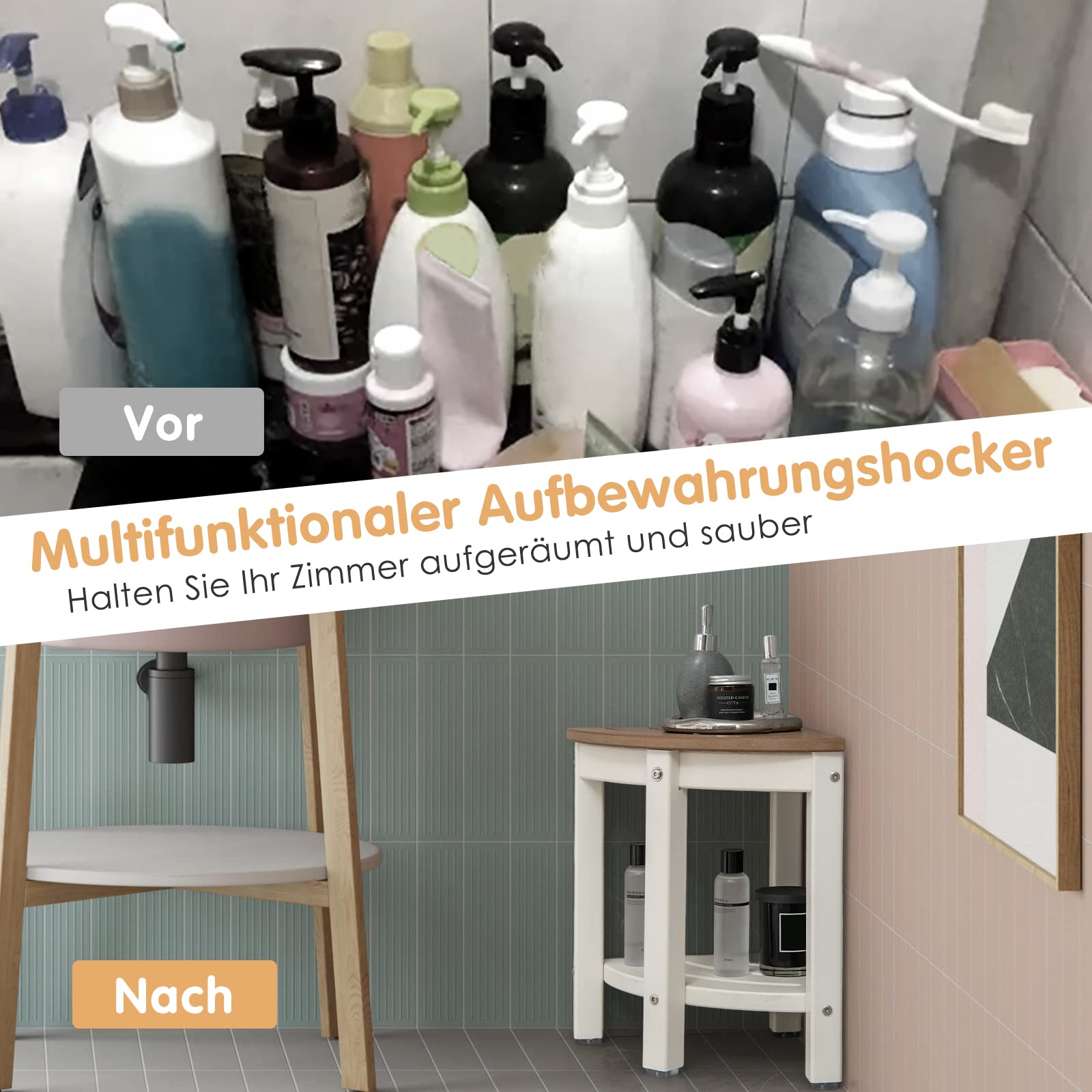COSTWAY Duschbank Bad, Sitzbank mit Ablage, Badhocker Fächerförm, bis 165 kg belastbar, Badezimmerbank Duschstuhl, Eck-Duschhocker Braun+Weiß, 32,5x32,5x43,5 cm