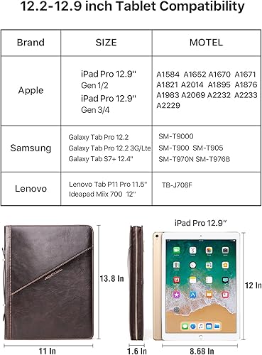 Miniatura 5 de Cartera grande de cuero de grano superior de 12.9 pulgadas, diseño vintage sólido, hecho a mano, gran capacidad, multifuncional, con cremallera,