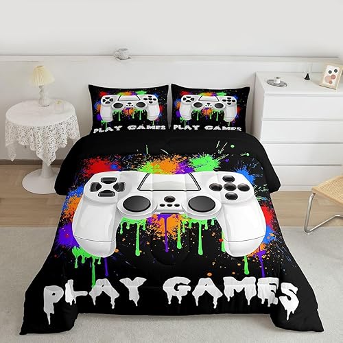 Miniatura 10 de Feelyou - Juego de edredón para niños gamers tamaño individual, juego de ropa de cama de estilo Galaxy Gaming con purpurina, juego de edredón para