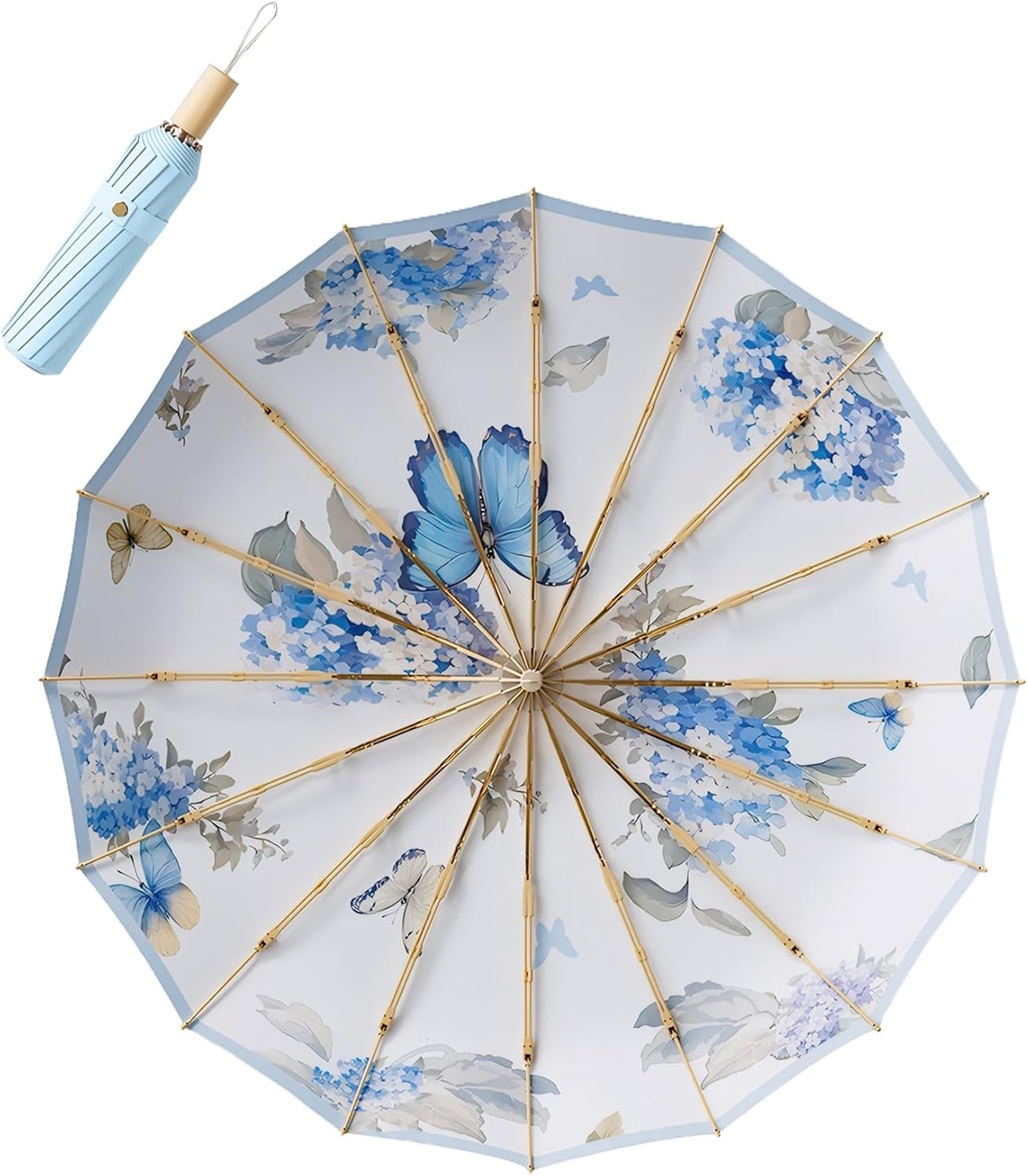Meichoon Retro Sun Umbrella UPF50+ UV Protection Large 102cm/40in for 2 Person Upgrade Thickened Double-bone Fiberglass 16 Rib Waterproof Wind Resistant Folding Parasol for Women Travel Wood Handle