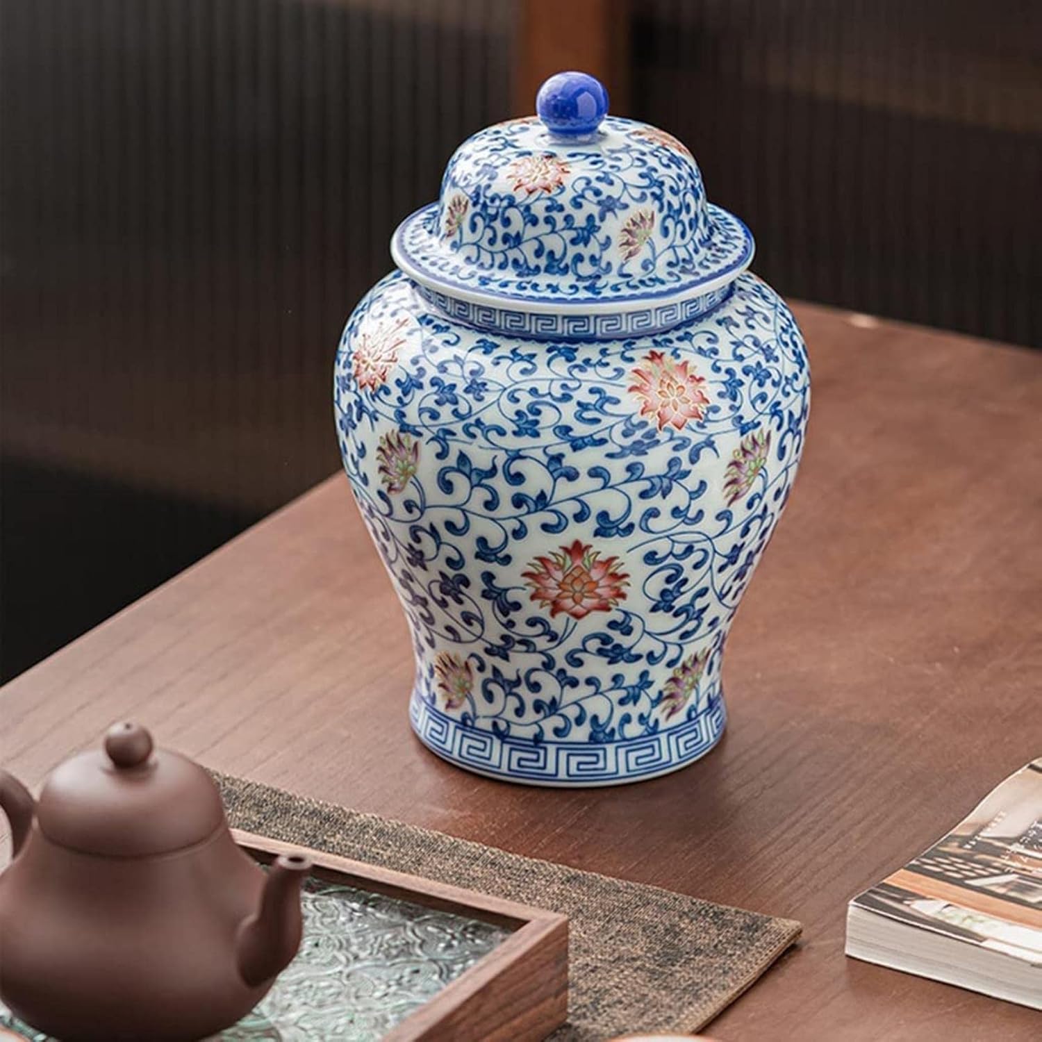 Blue and White Ceramic Ginger Jar with Lid, Chinese Style Temple Jar, Decorative Home Decor, Ceramic Storage Jar for Home Kitchen Dining Decoration (Size : 23cm x 15cm)