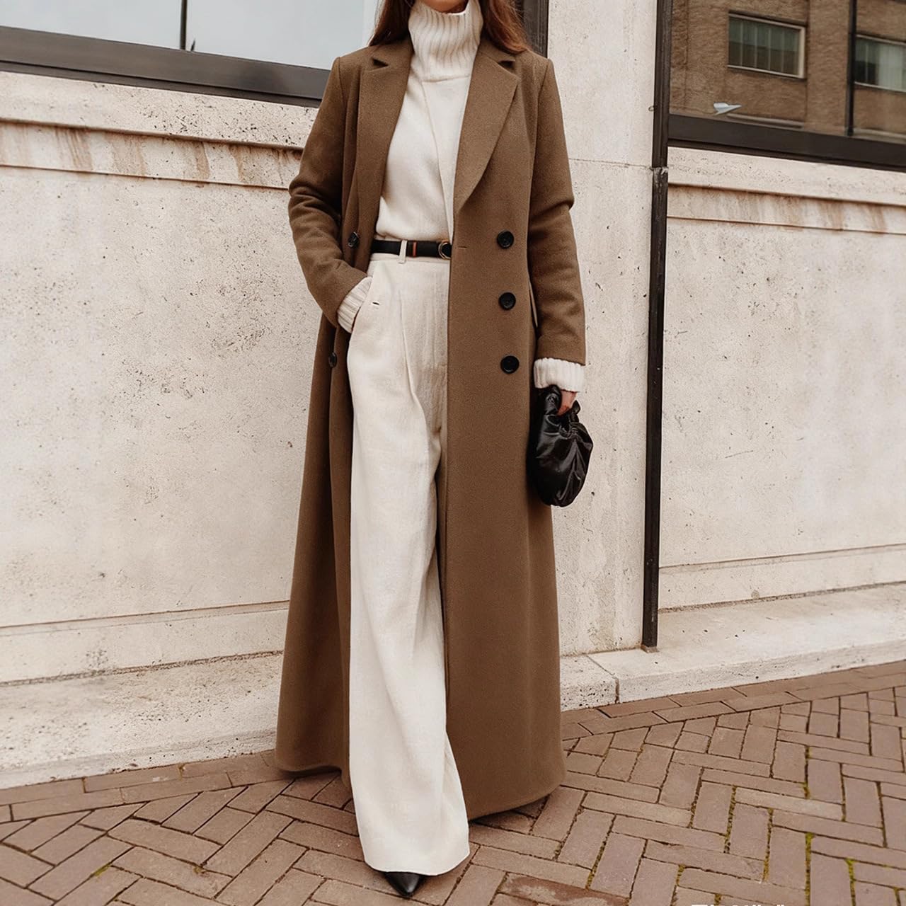 Langer Wollmantel für Damen, Khakifarben, Doppelreihiger Blazer mit Fallendem Revers, Herbst Winter, Wollmischung, Eleganter Maxi Mantel, Stilvoller, Eleganter Arbeitsmantel mit Tasche