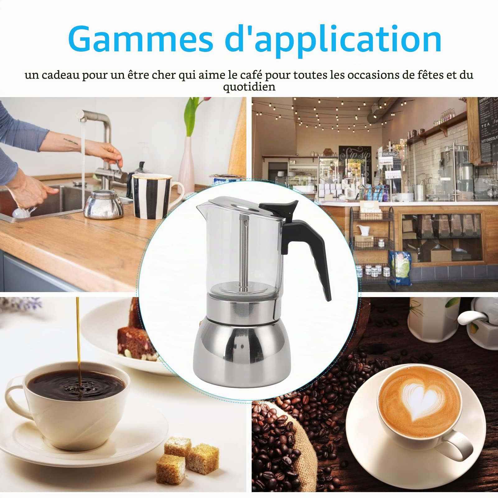 Pilipane Cafetière Moka à Induction, Cafetière Pour Café Italien, 200 Ml/300 Ml En Verre Transparent Et Acier Inoxydable, Cafetière Design(300ml)