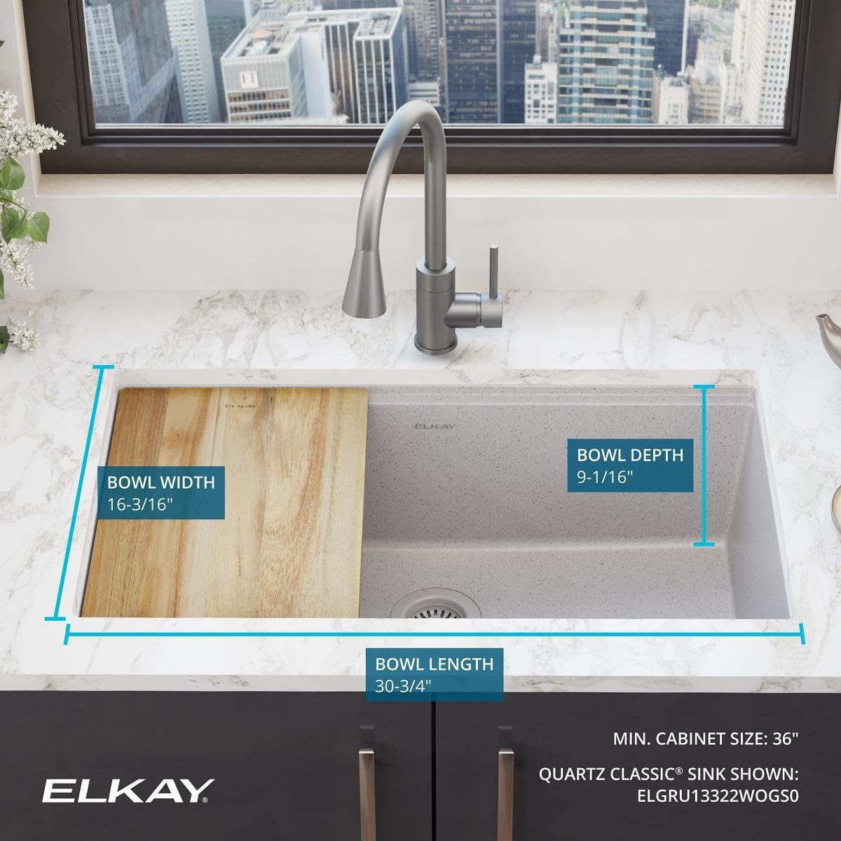 Elkay Quartz Classic 33" x 22" x 9-1/2" Single Bowl Undermount Workstation Sink 4pc Kit Greystone