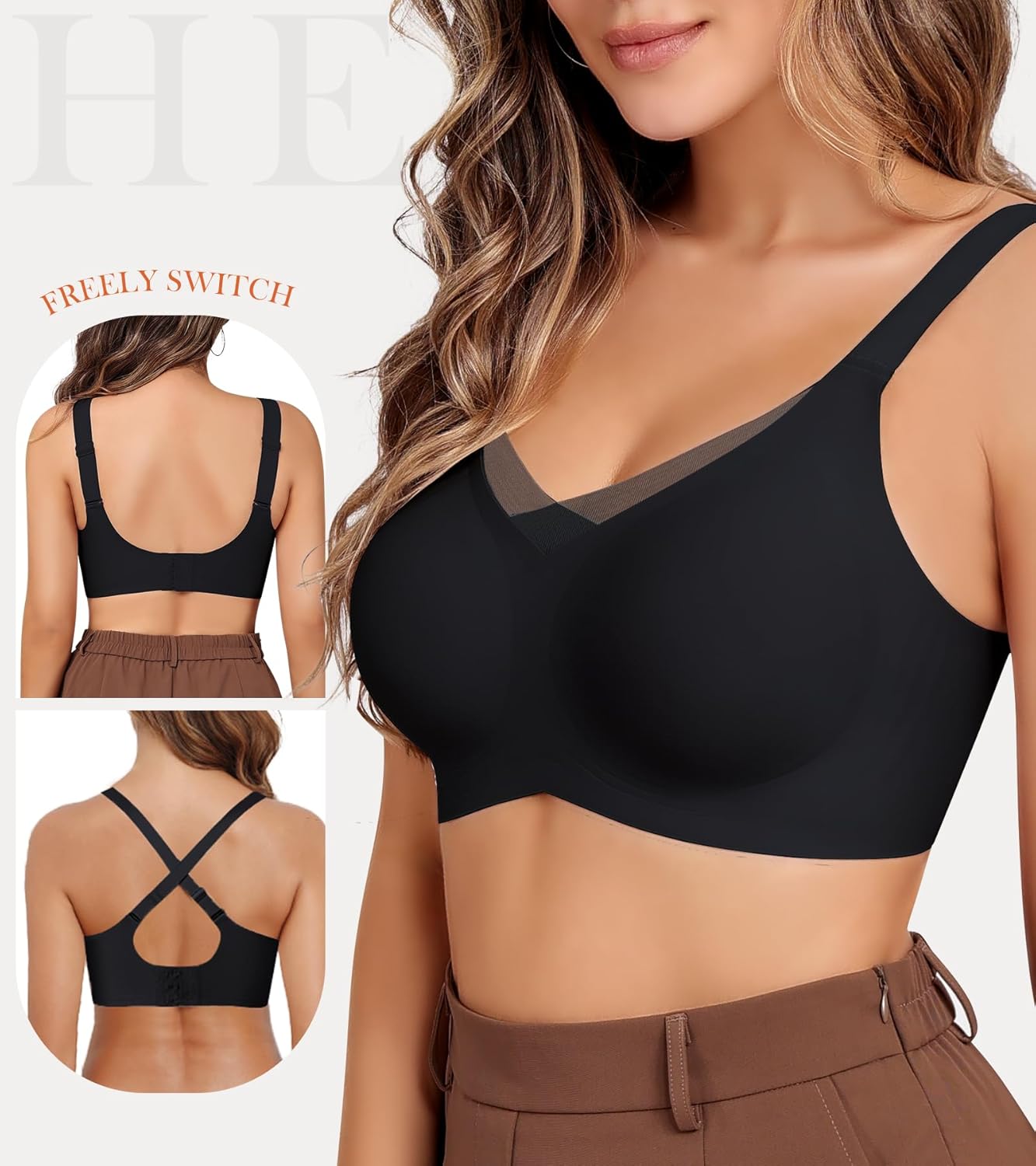 Wireless Bras for Women, Seamless Comfort Everyday Tshirt Bralette, V Mesh Push Up Full Coverage Bra—Black, Small - Image 5