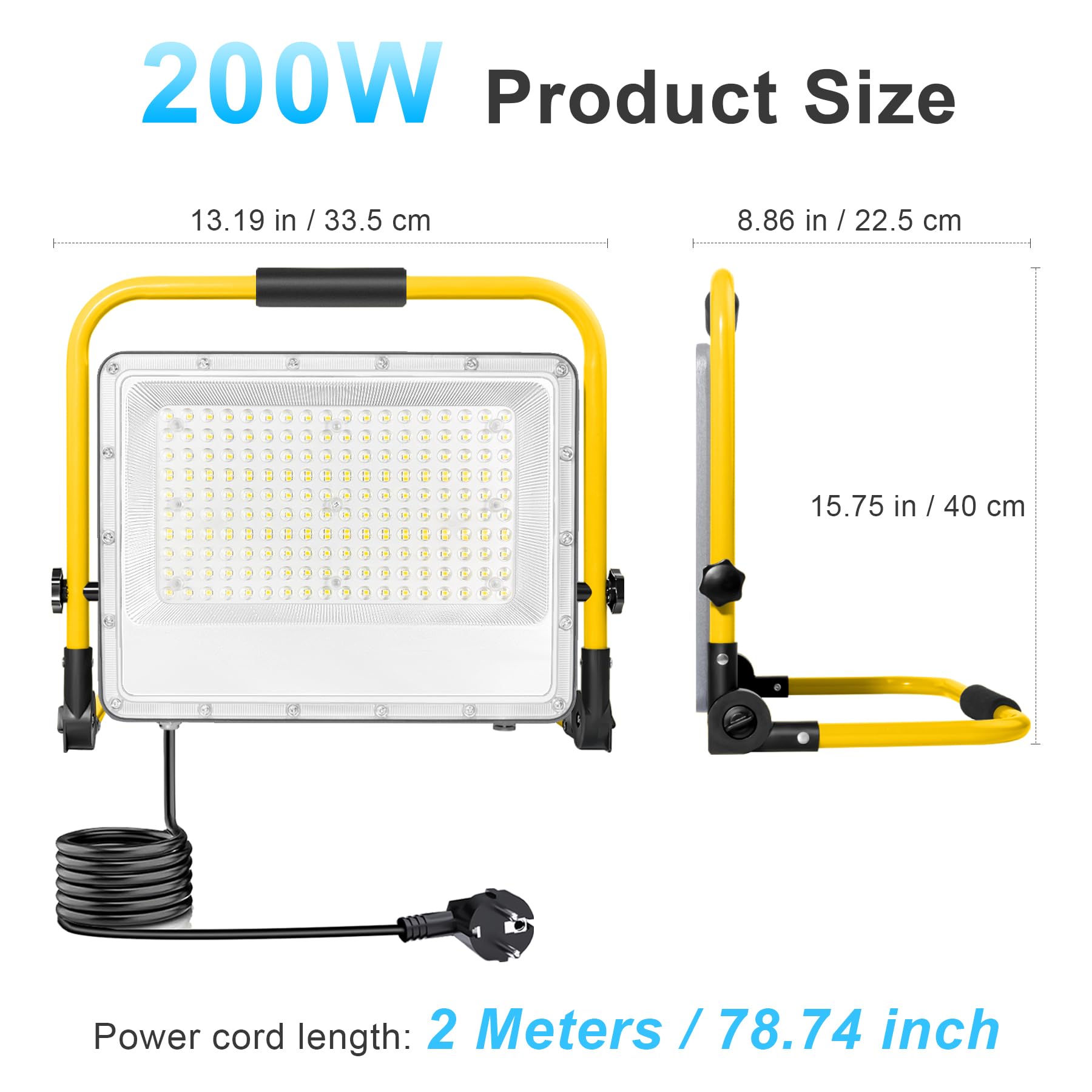 Faro da Lavoro LED 200W 20000 Lumen 6500K Bianco Freddo IP66 Impermeabile con Supporto Cavo 2m – Cantiere, Ristrutturazione Casa, Illuminazione Cartongesso