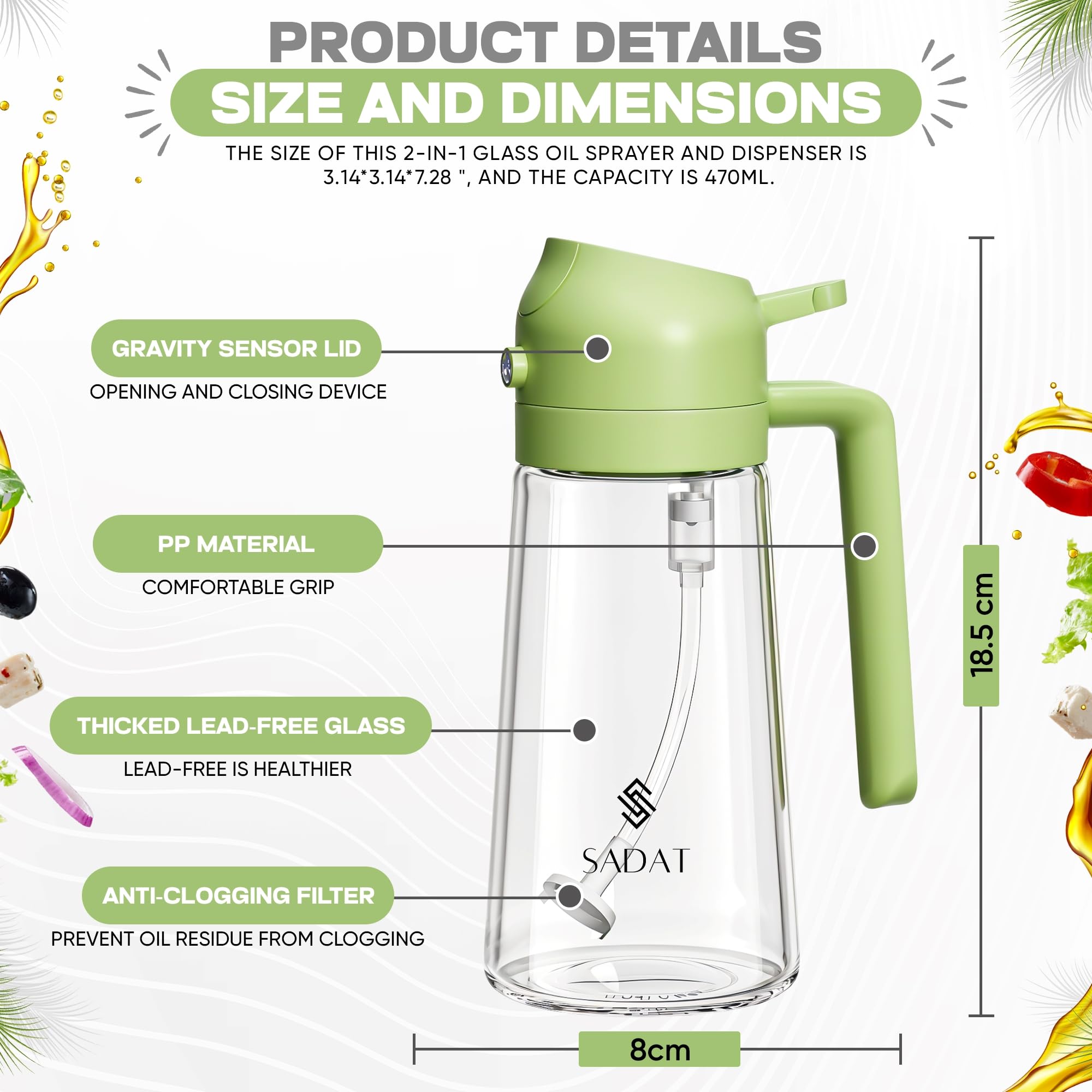 SADAT Pulverizador de aceite, botella de vidrio de 16 onzas para cocinar, dispensador de aceite sin aerosol para freidora de aire, barbacoa, parrilla y ensalada con parte superior de acero inoxidable