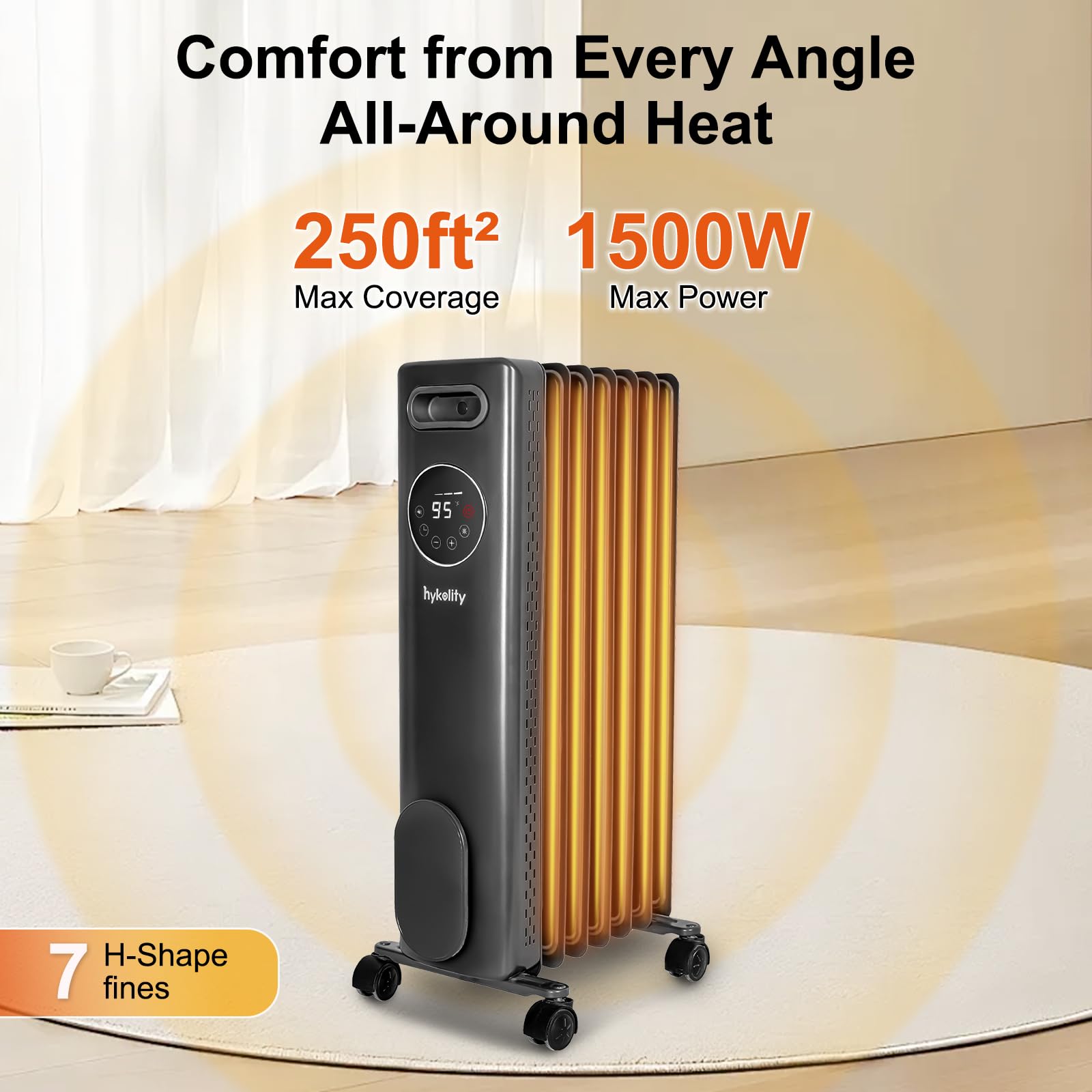 hykolity 1500W Oil Filled Radiator Heater with Remote, 24H On Off Timer, Digital Thermostat,4 Mode Electric Radiant Heater, ECO, ETL Overheat & Tip-Over Protection Indoor Space heater,Grey