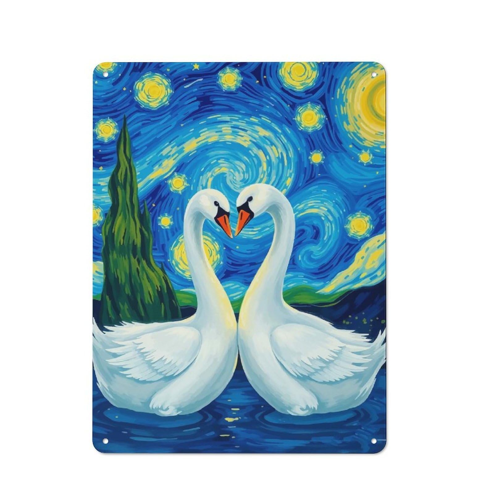 Junmoney Swans Under Starry Night Rustic Metal Sign 40X30cm For Café Or Home Bar, Suited To Home Bar Enthusiasts, For Retro Home Interiors