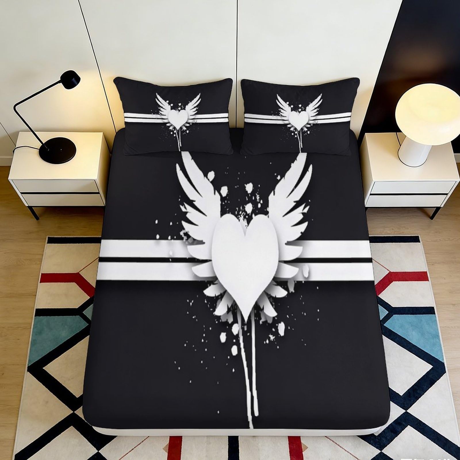 3D Printed Angel Wings Heart Fitted Sheet Microfiber Soft Breathable Winged Heart Bed Cover for Bedroom Dormitory Guest Room Mattress Protection 180x200x25cm