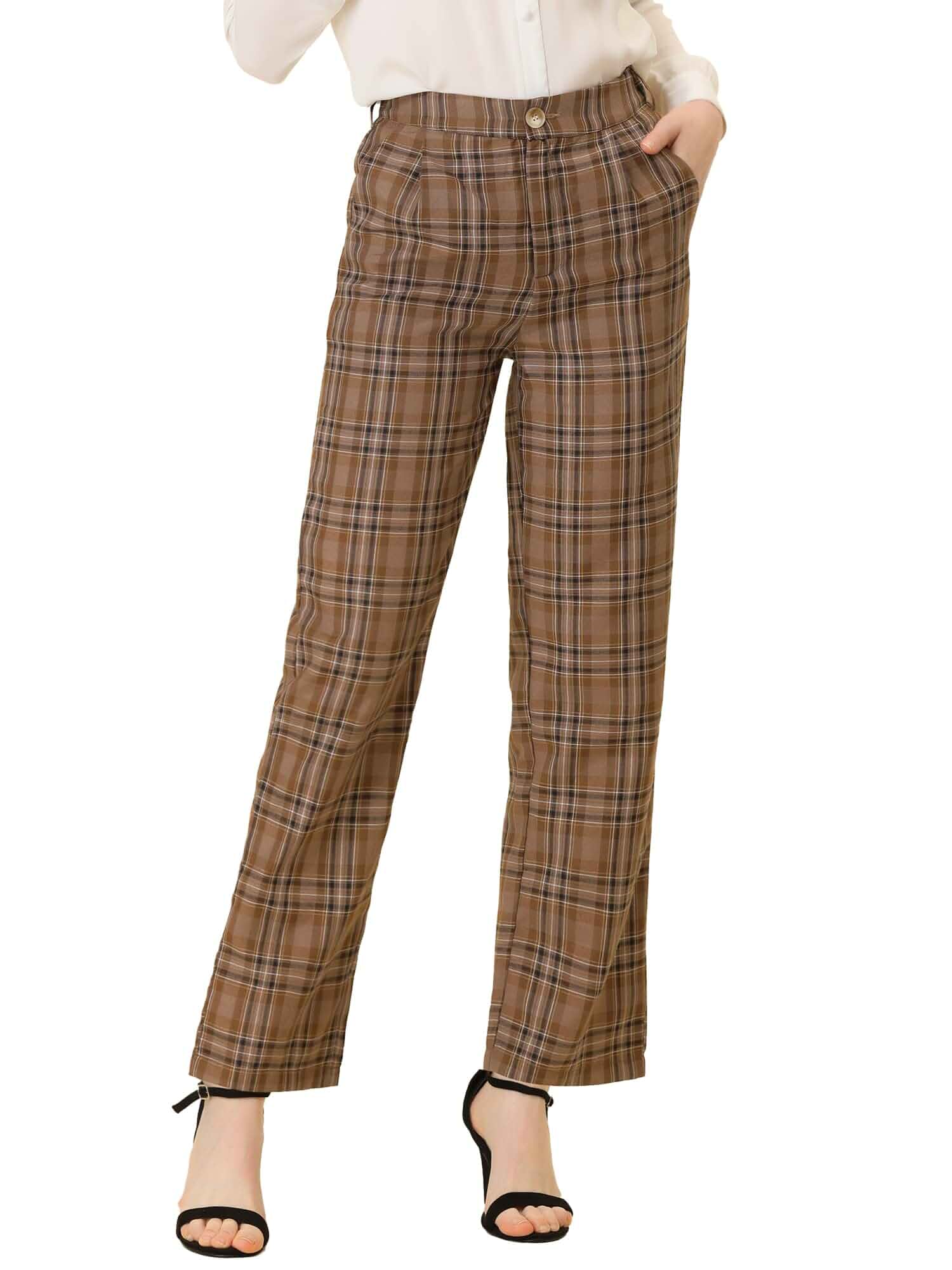 Allegra K Women's Plaid Pants Elastic Waist Casual Work Long Trousers Button Zipper, Office Pants with Pockets Ankle Length, Dressy Daily Outfits