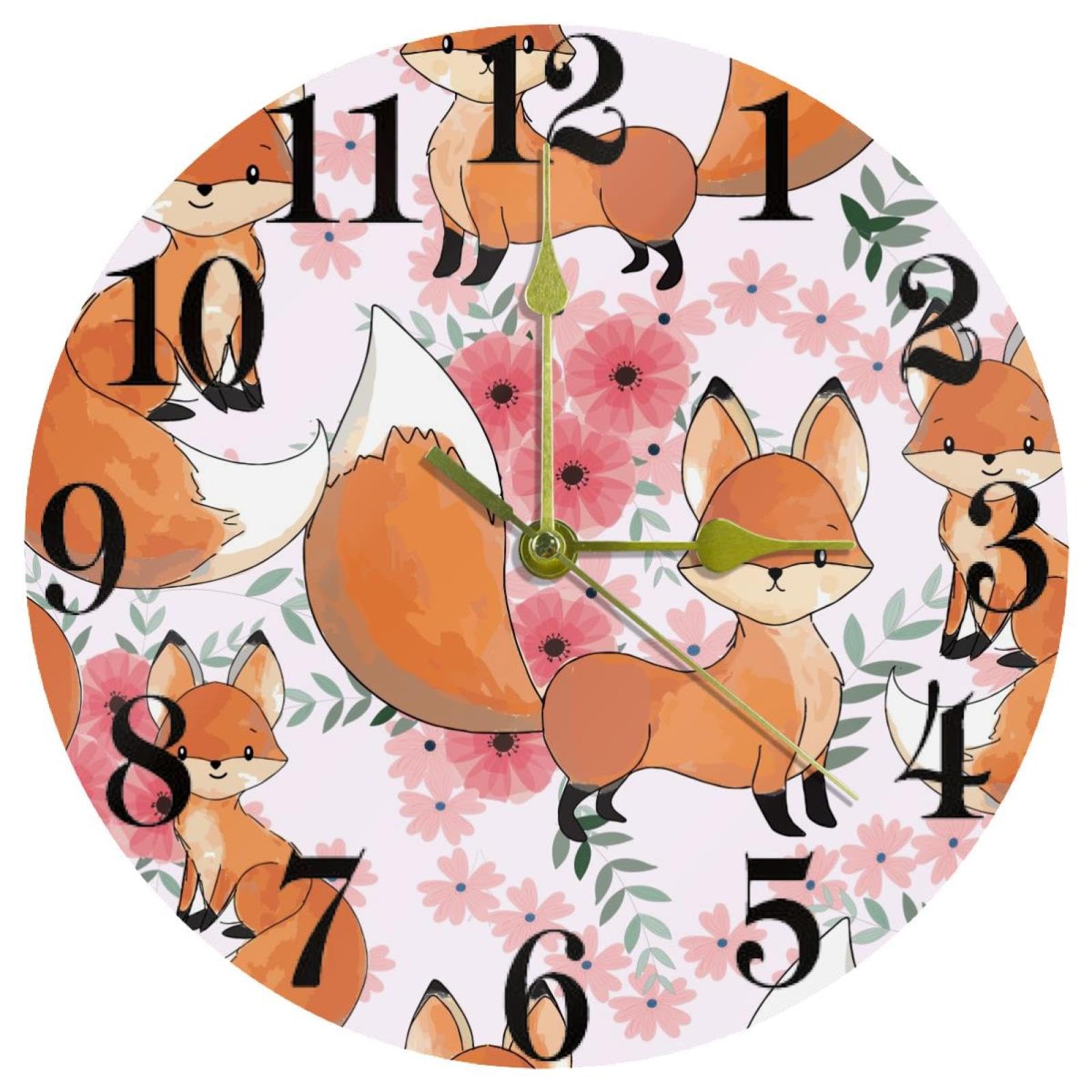 Horloge murale silencieuse quartz sans tic-tac rose bébé renard ronde pour cuisine