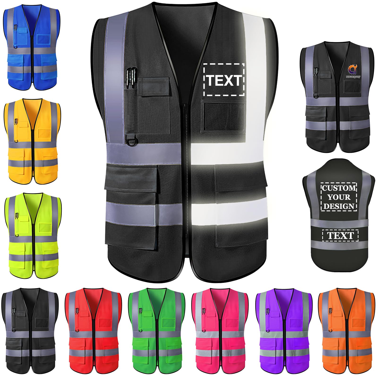 Farmelov Custom Safety Vest for Men with Logo Pockets Personalized High Visibility Protective Workwear with Reflective Strip