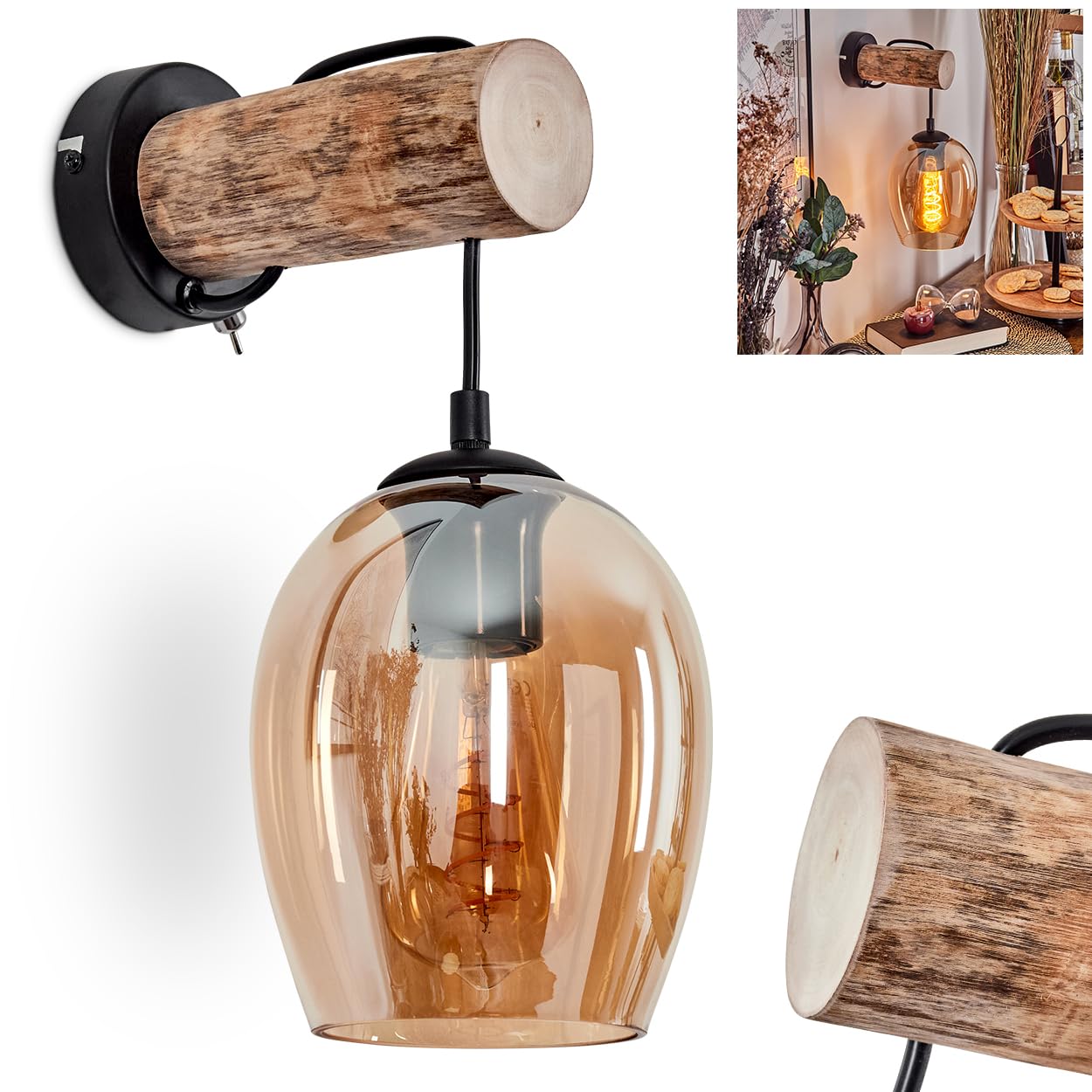 Wandleuchte Vevino, Wandlampe aus Metall/Holz/Glas in Schwarz/Natur/Bernstein, Leuchte im Retro/Vintage-Design mit Schirm aus Glas (Ø 15 cm) u. An/-Auschalter am Gehäuse, 1 x E27, ohne Leuchtmittel