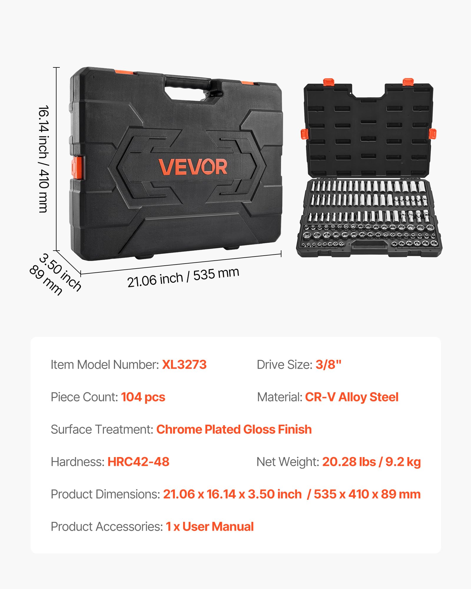 VEVOR Zestaw nasadek, 104-częściowy, 9,5 mm, rozmiar metryczny od 6 do 24 mm, głęboki i standardowy, zestaw narzędzi mechanicznych z walizką do przechowywania, chromowana stal stopowa CR-V, do naprawy