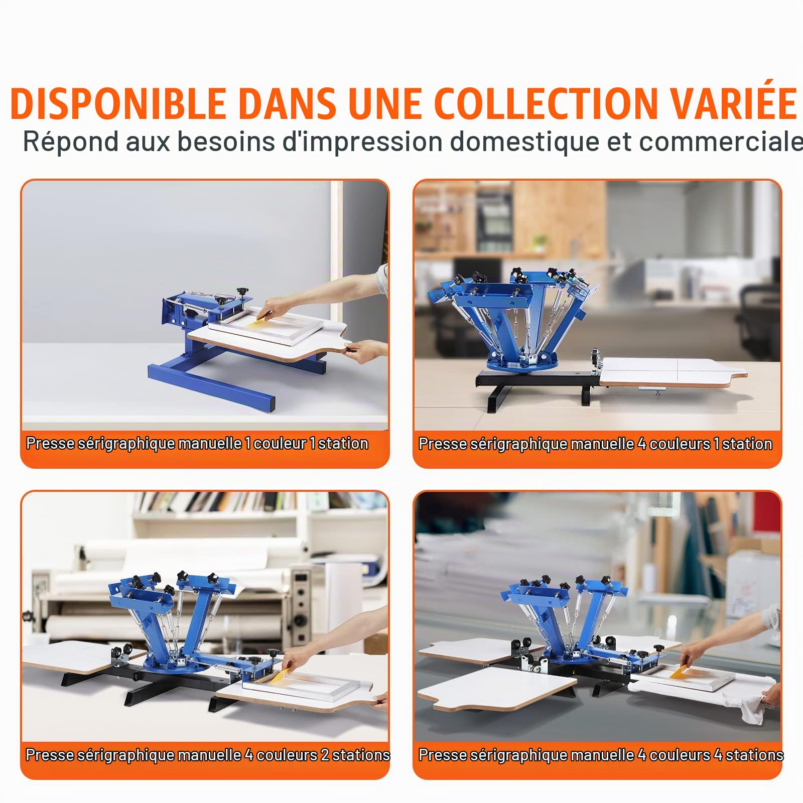 VEVOR Machine de Sérigraphie 4 Couleurs 2 Stations Presse à Sérigraphie Plateau 54 x 45 cm Machine d'Impression à Écran Rotative à 360° pour Impression à Plat T-shirt Vêtements Bois Plastique Papier