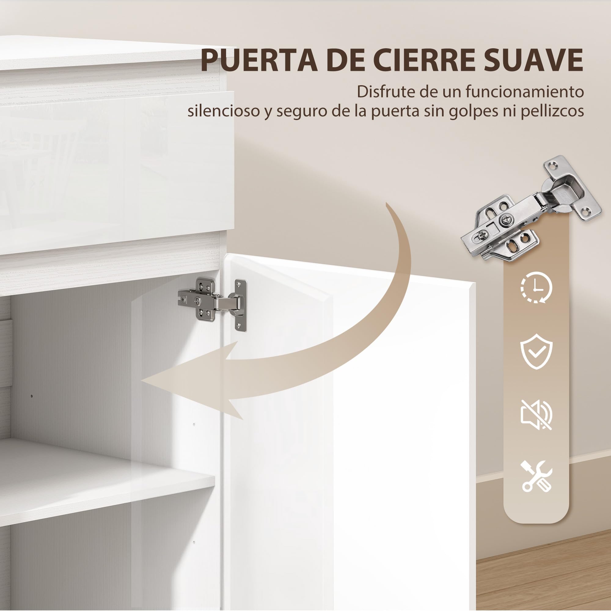 HOMCOM Aparador con 5 Cajones Aparador Recibidor 100x40x80cm Blanco Brillo | Estantes Ajustables, Puerta de Cierre Suave, para Cocina, Dormitorio