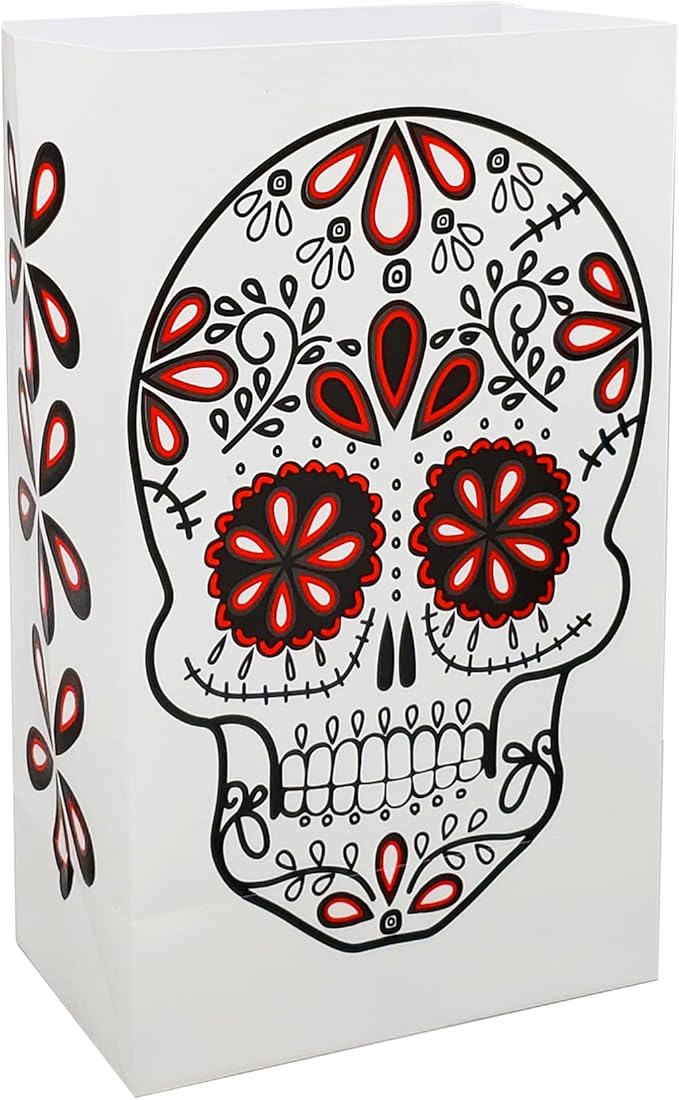 LumaBase Plastic Luminaria Bags, Sugar Skull - Set of 12