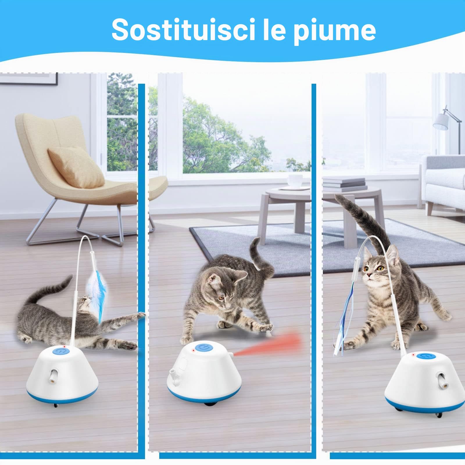 Giochi per Gatti Interattivi con Piume in Casa - Giocattolo Elettronico Automatico in Movimento a LED, 3 Modalità per Gatti Adulti (Blu)