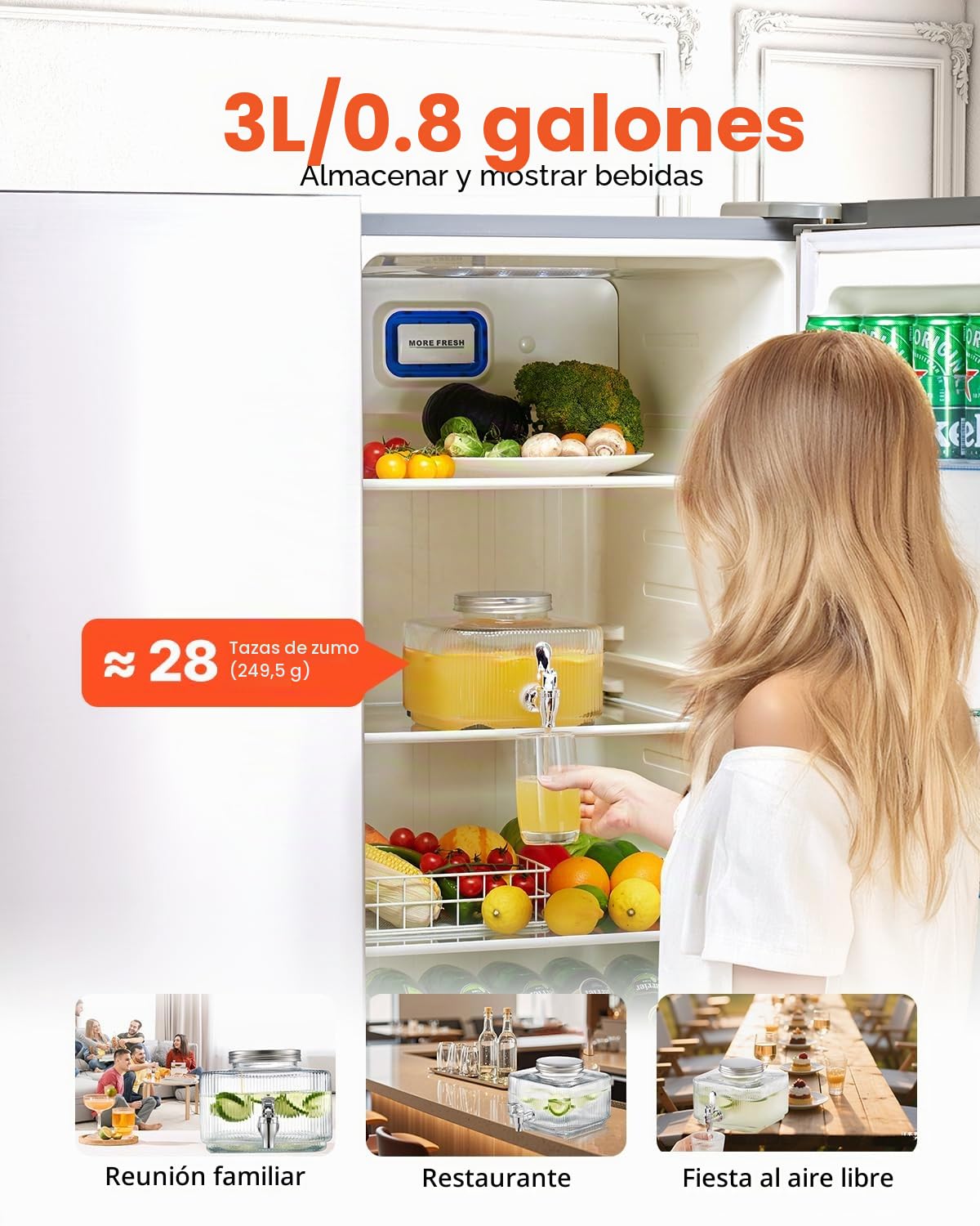 VEVOR Dispensador de Bebidas 3 L para Fiestas, Dispensador de Zumo de Cristal con Grifo y Tapa Antigoteo, para Agua, Té Helado, Limonada y Zumo para Restaurantes, Hoteles y Fiestas, Transparente