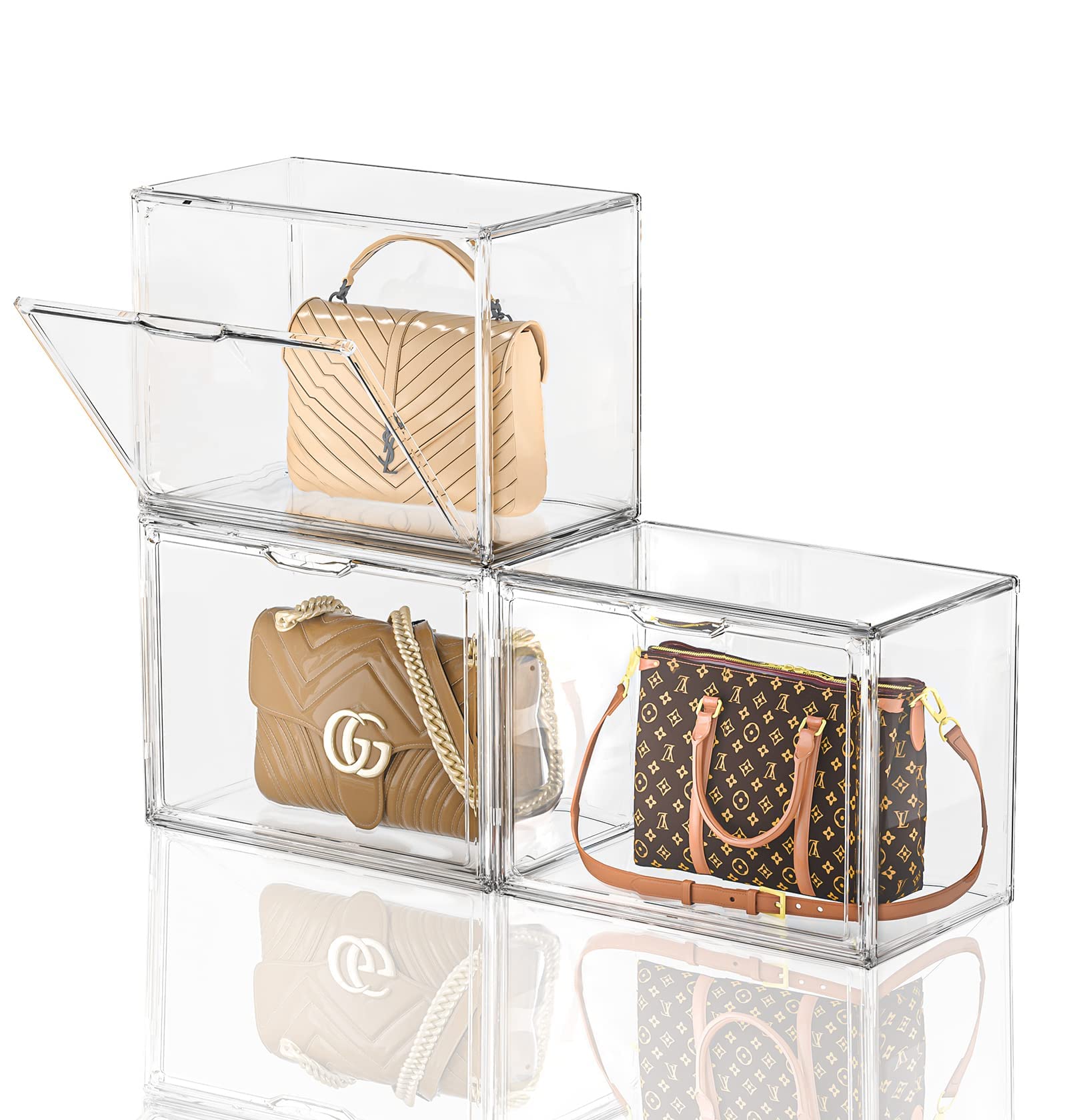 MSHOMELYMSHOMELY Clear Purse Storage Organizer for Closet, 3Packs Handbag Storage Organizer, Acrylic Display Case for Purse/Handbag, Stackable Bag Organizer with Magnetic Door for Wallet, Clutch, Hats, Toys