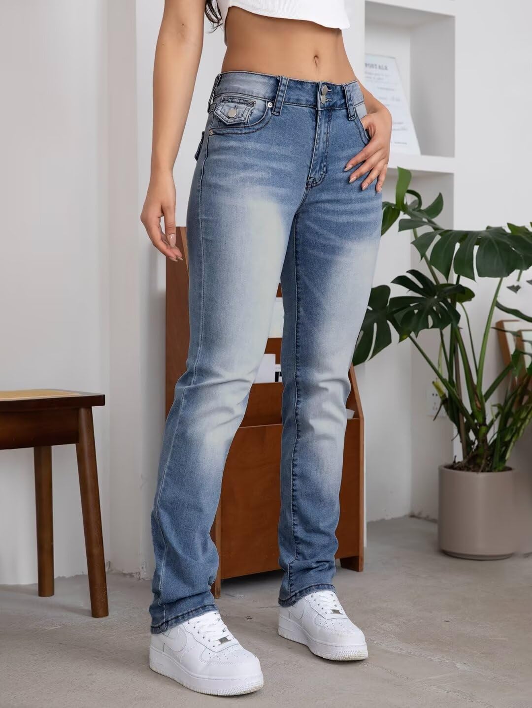 Flamingals Bootcut Jeans for Women Stretchy Mid Rise Double Button Wash Solid 90s Straight Leg Jeans