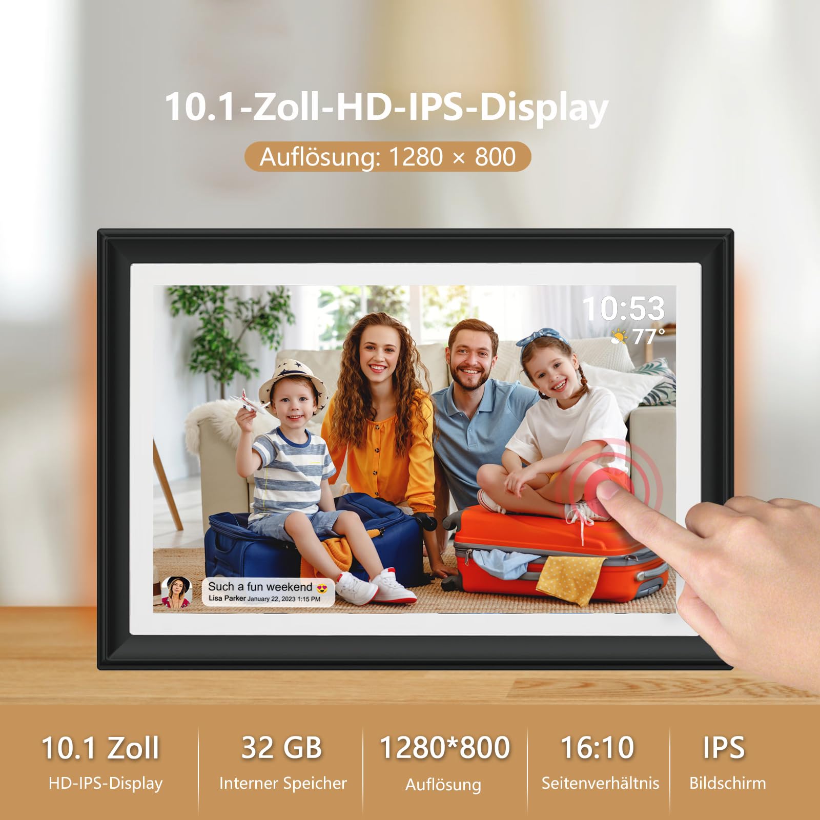 Frameo Digitaler Bilderrahmen 10,1 Zoll WiFi 32 GB Speicher Touchscreen HD 1280x800 Auto-Rotation