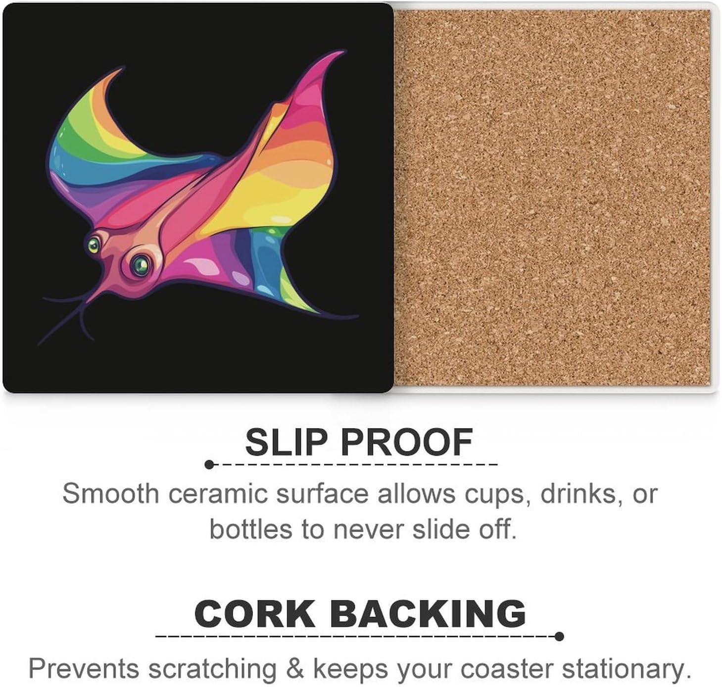 Rainbow Stingray Coasters for Drinks Square Table Coasters Set Cup Mats with Cork Base