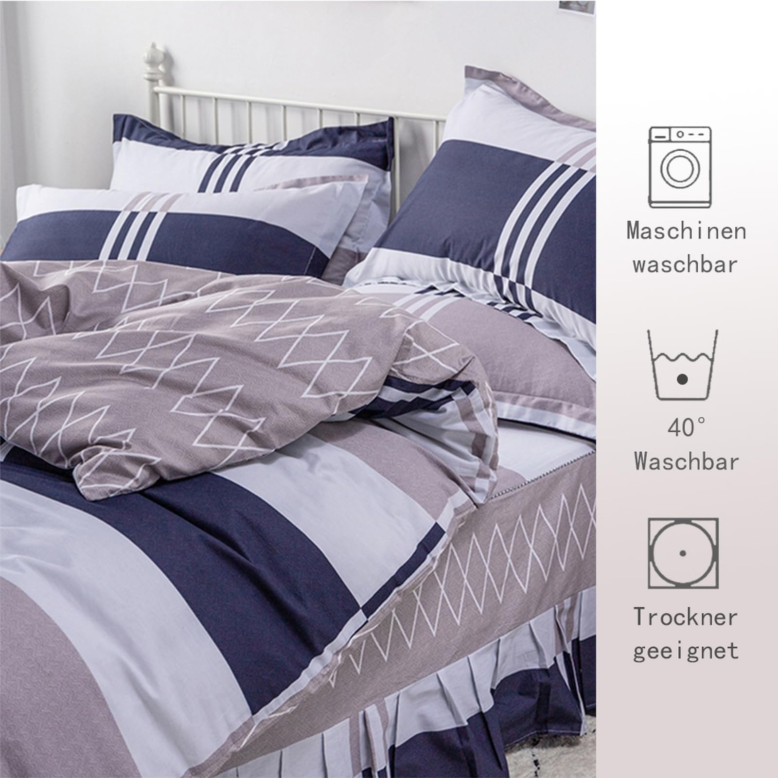 Baumwolle Bettwäsche 160 x 210 cm Bügelfrei knitterfrei Hellblau Grau Wendebettwäsche Bettbezug mit Reißverschluss Einzelbett Bettwäsche Weich Bequem und Atmungsaktiv