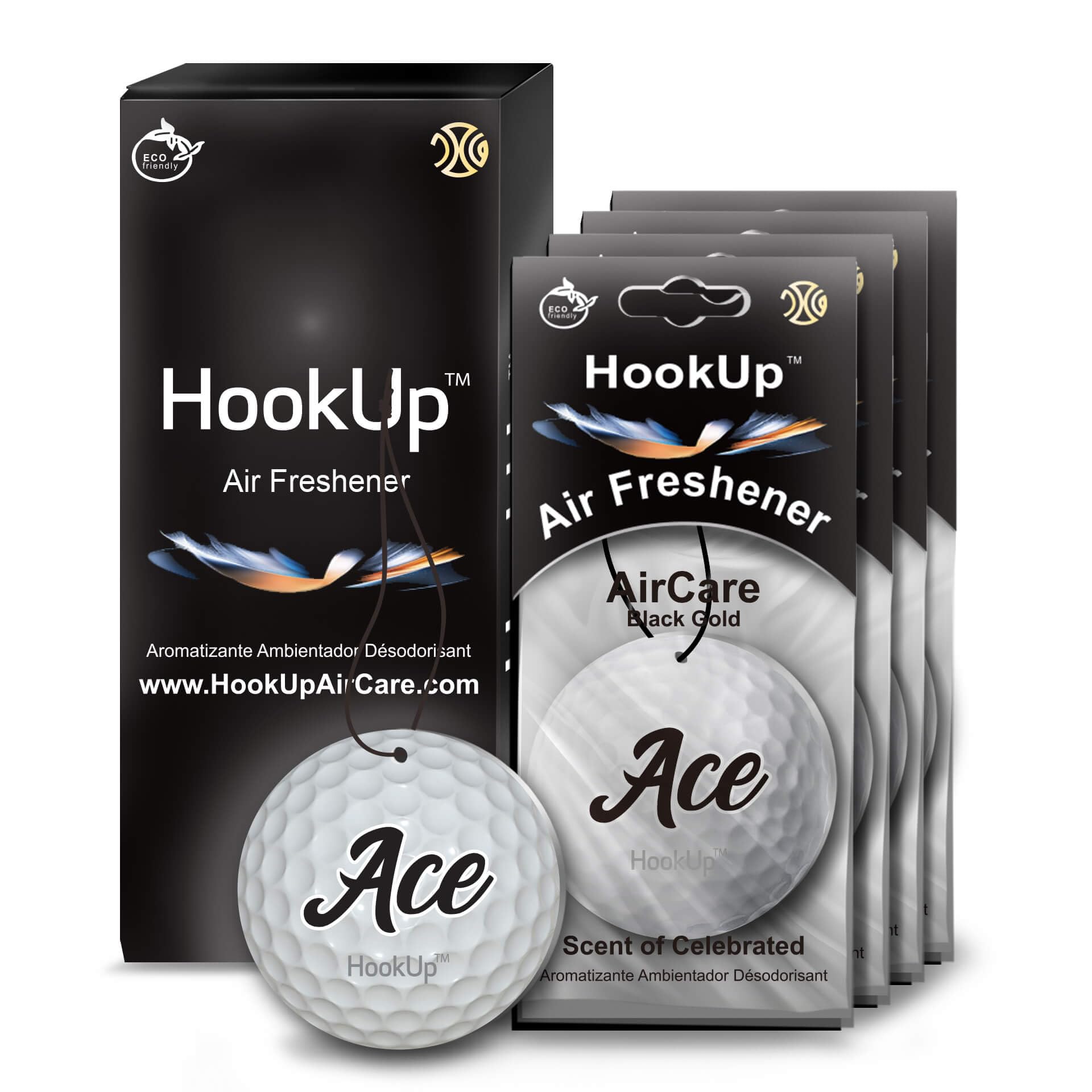 Golf Car Air Freshener by HookUp - 4 Pack - Black Gold Scent (Extra Strong) | Unique Golf Gift for Players, Coach, Fans | Hanging Car Accessory with Long Lasting Fresheners Smell