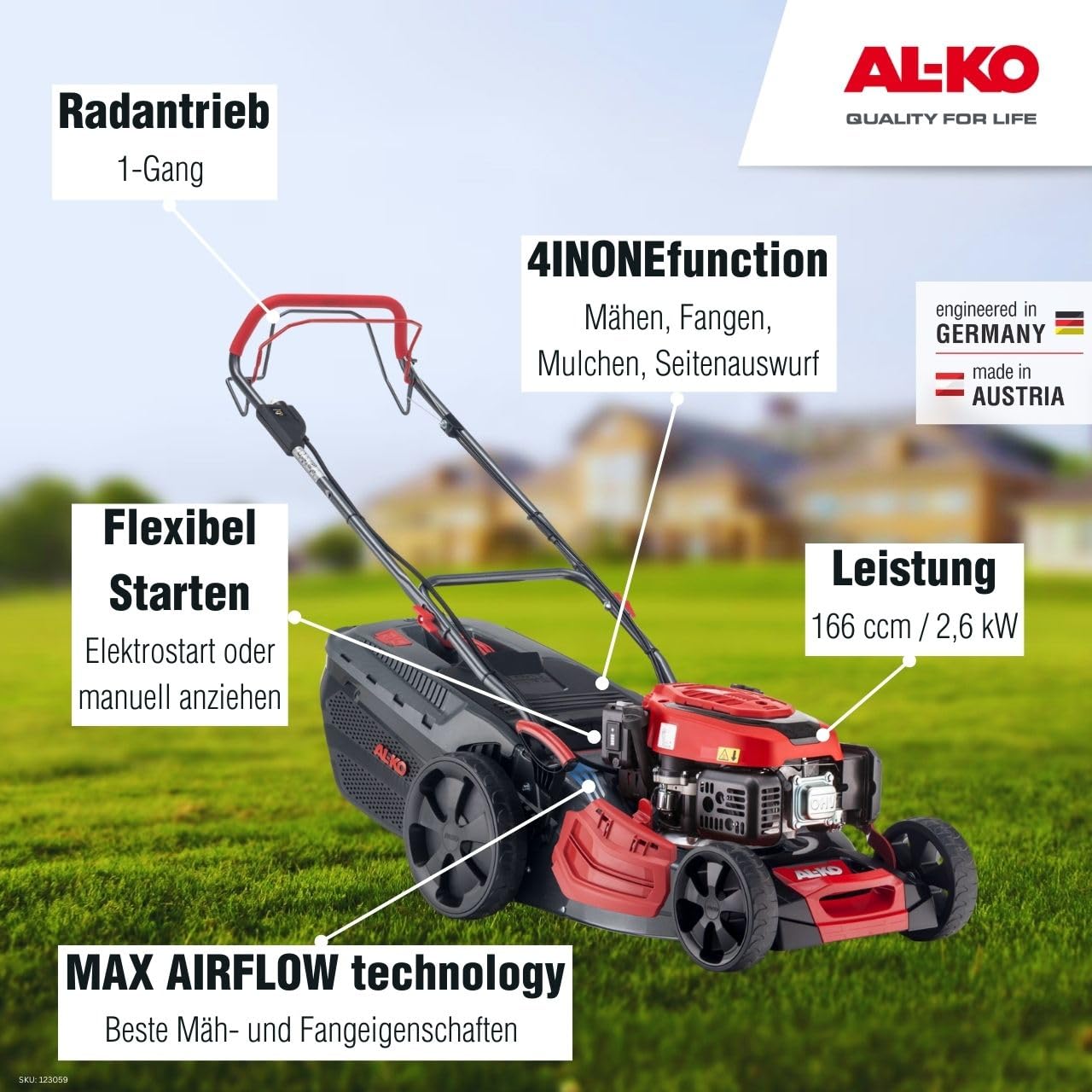 AL-KO Cortacésped de gasolina Comfort 46.4 SPED-A, ancho de corte de 46 cm, potencia de motor de 2,6 kW, tracción trasera de 1 marcha, arranque electrónico, para superficies de césped de hasta 1400 m²
