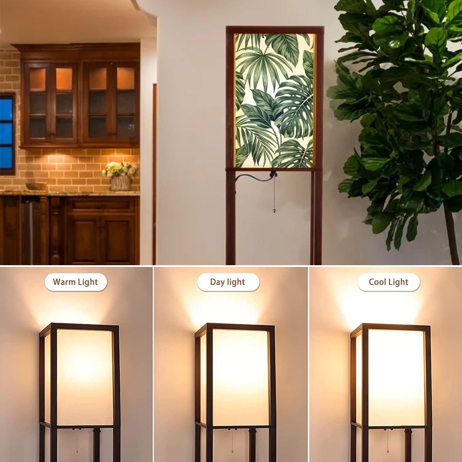 Tropical Leaves Monstera Palm Trees White Seamless Floor Lamp with Shelves USB Ports & Power Outlet Modern Standing Tall Lamp Corner Lamp Nightstand Light for Living Room Bedroom