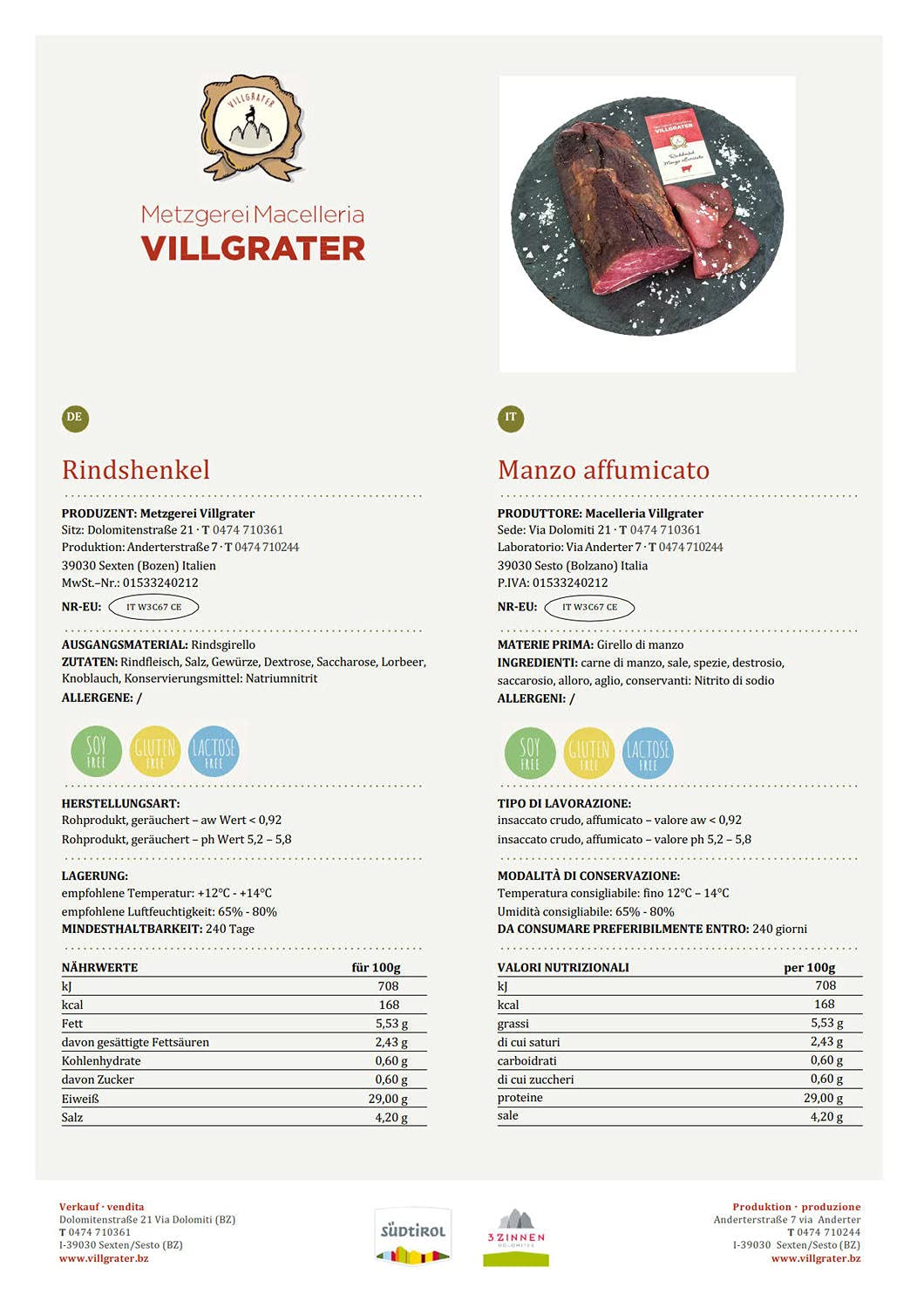 Manzo affumicato dell' Alto Adige Villgrater ca. 450 gr.