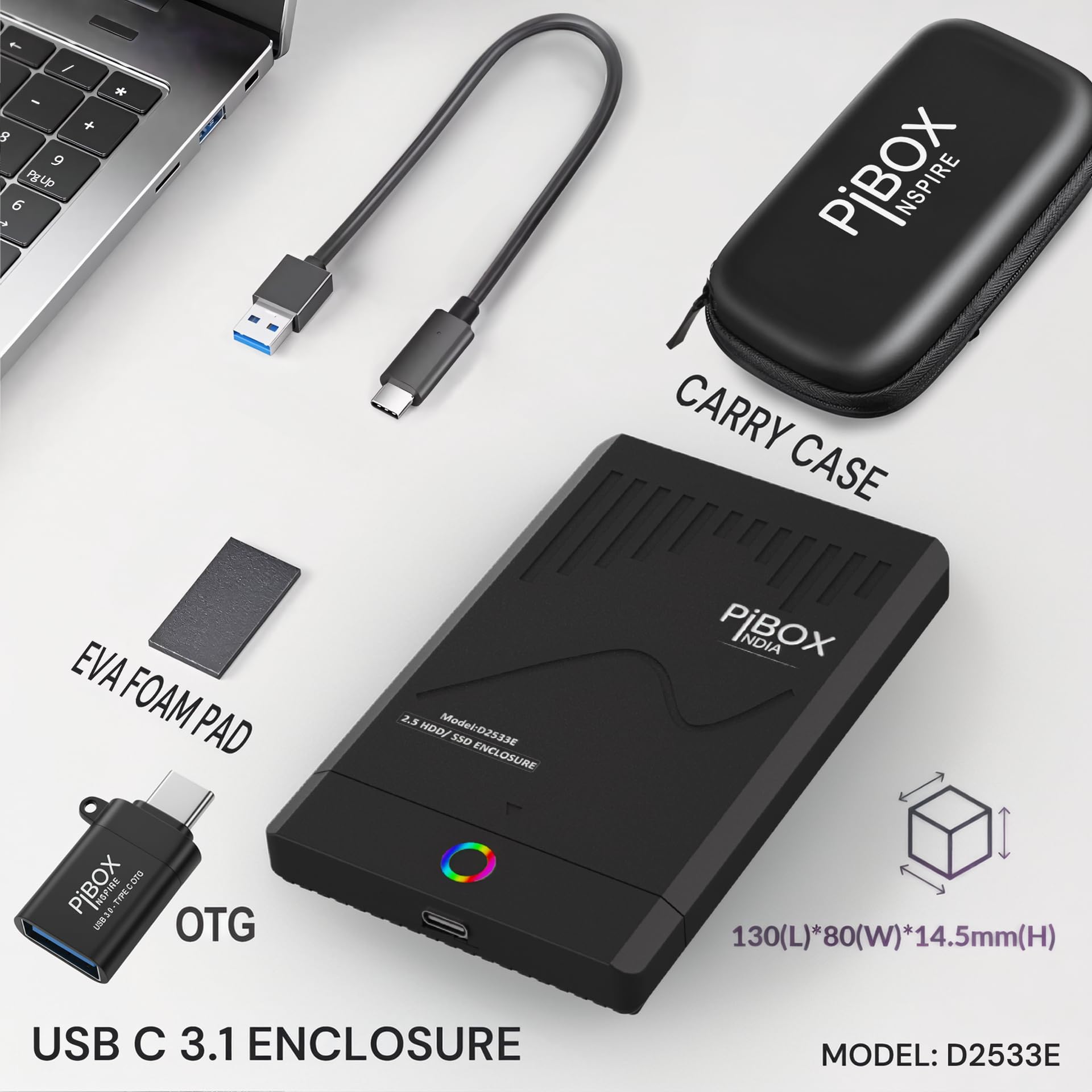 PiBOX 2.5 inch Hard Drive Enclosure RGB LED Type C with OTG Adapter - Retro Casette, PiBOX India 6Gbps USB 3.1 to SATA III Tool-Free External Hard Drive Enclosure for 7mm/9.5mm SSD Laptop HDD UASP — Amazon image 5