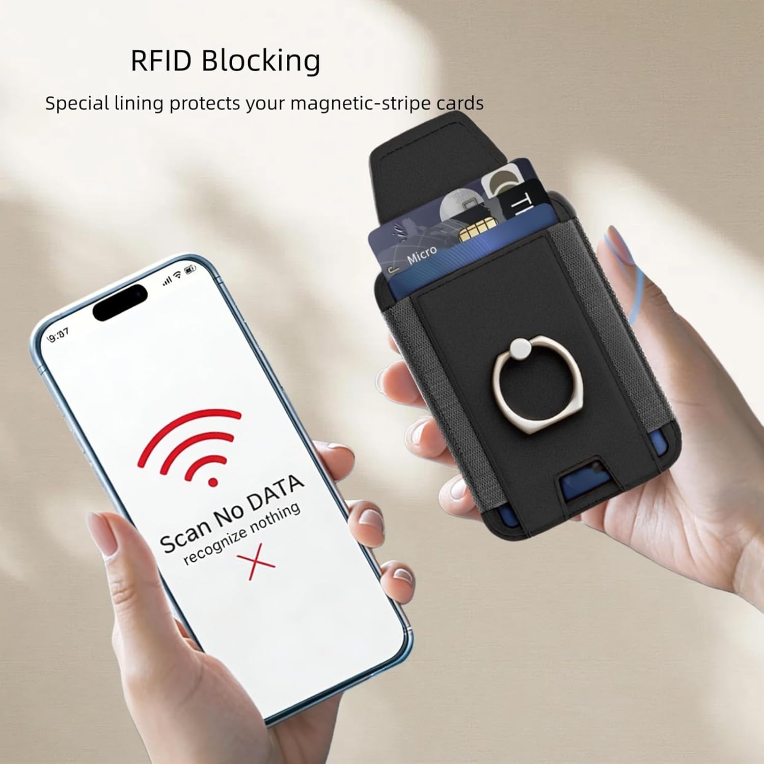 for Magsafe Wallet, Slim Magnetic Card Wallet with Grip, 7 Cards Holder RFID Blocking, Ring Stand Stick on Wallet with Privacy Flap(Black) - Image 4