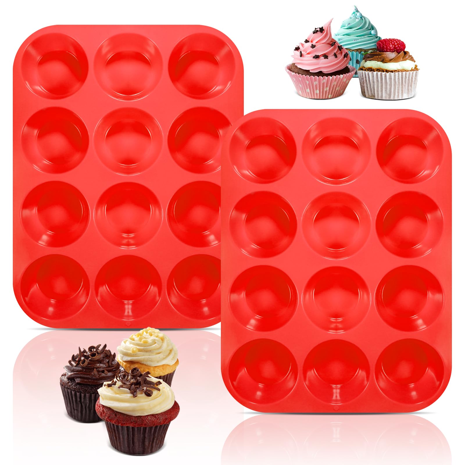 TUMOAN Silicone Muffin Pan 12 Cups, 2 Pack Non-stick Cupcake Pan for Making Muffin Cakes, Bread and Tart - BPA Free and Dishwasher Safe (RED)