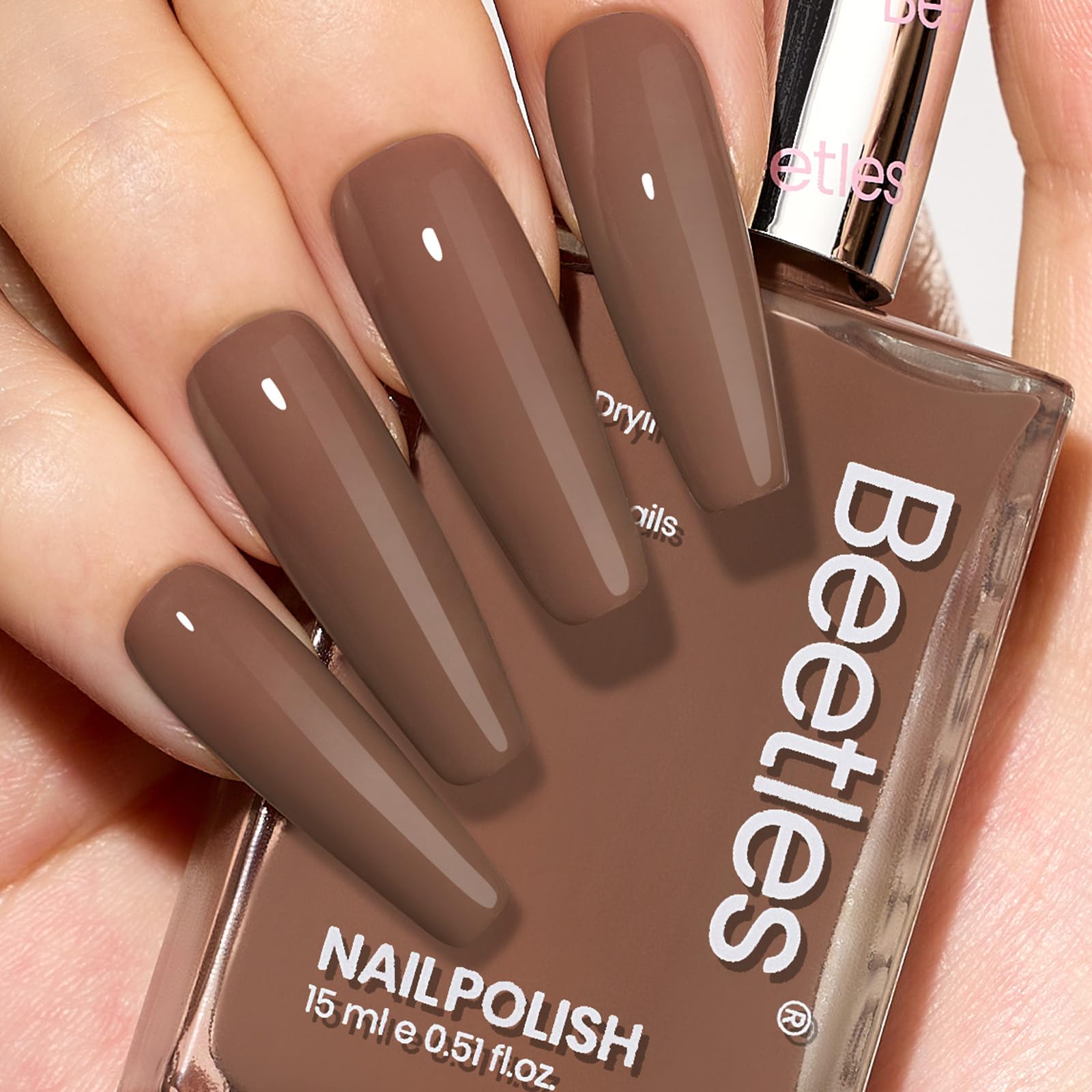 Beetles Mocha Mousse Nail Polish Brown – Dark Brown Nail Polish Quick Dry, No UV Needed, Long Lasting, Warm Taupe Glossy Lacquer, Elegant Neutral
