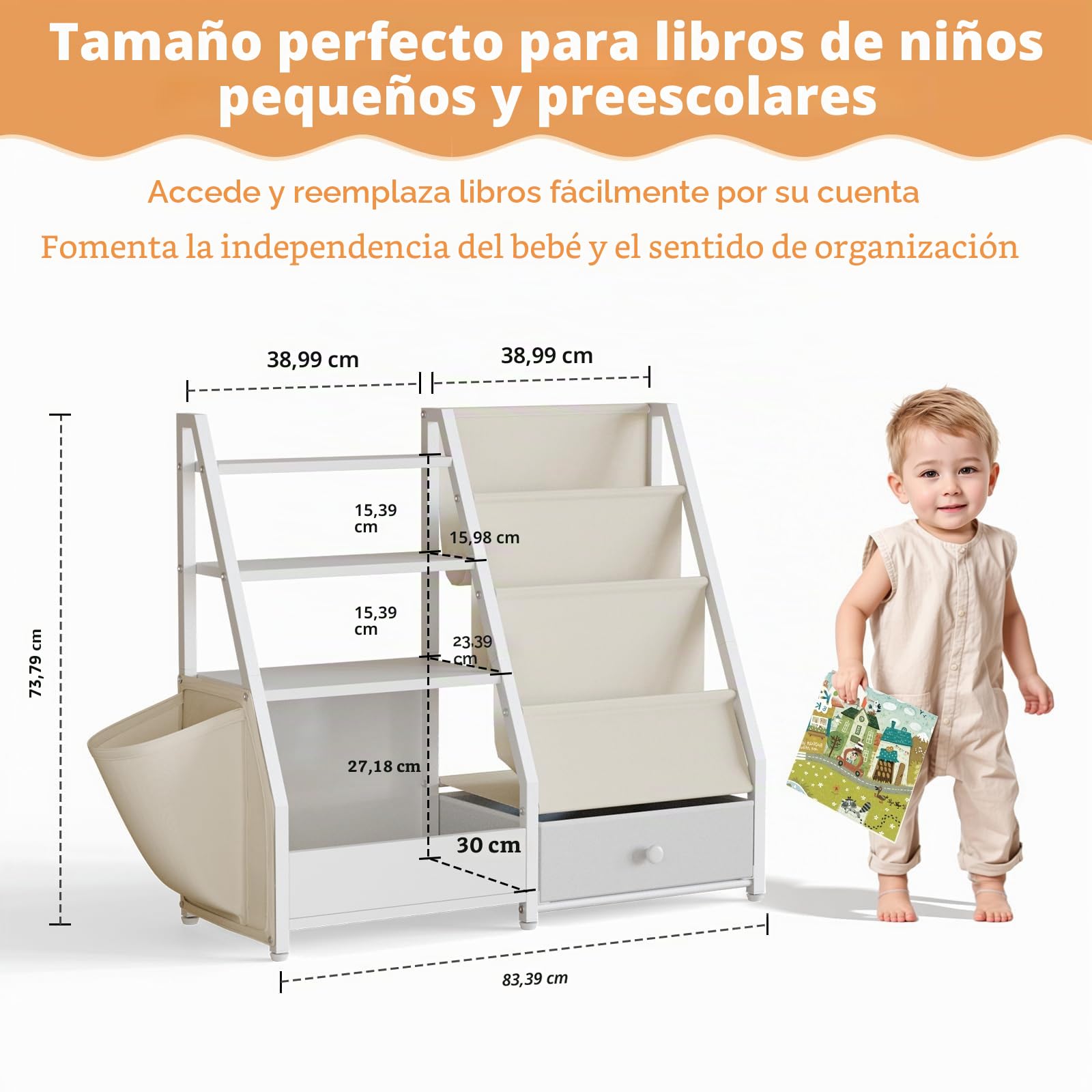 Estantería y almacenamiento de juguetes, estante para libros y guardería, organizador Montessori, color blanco