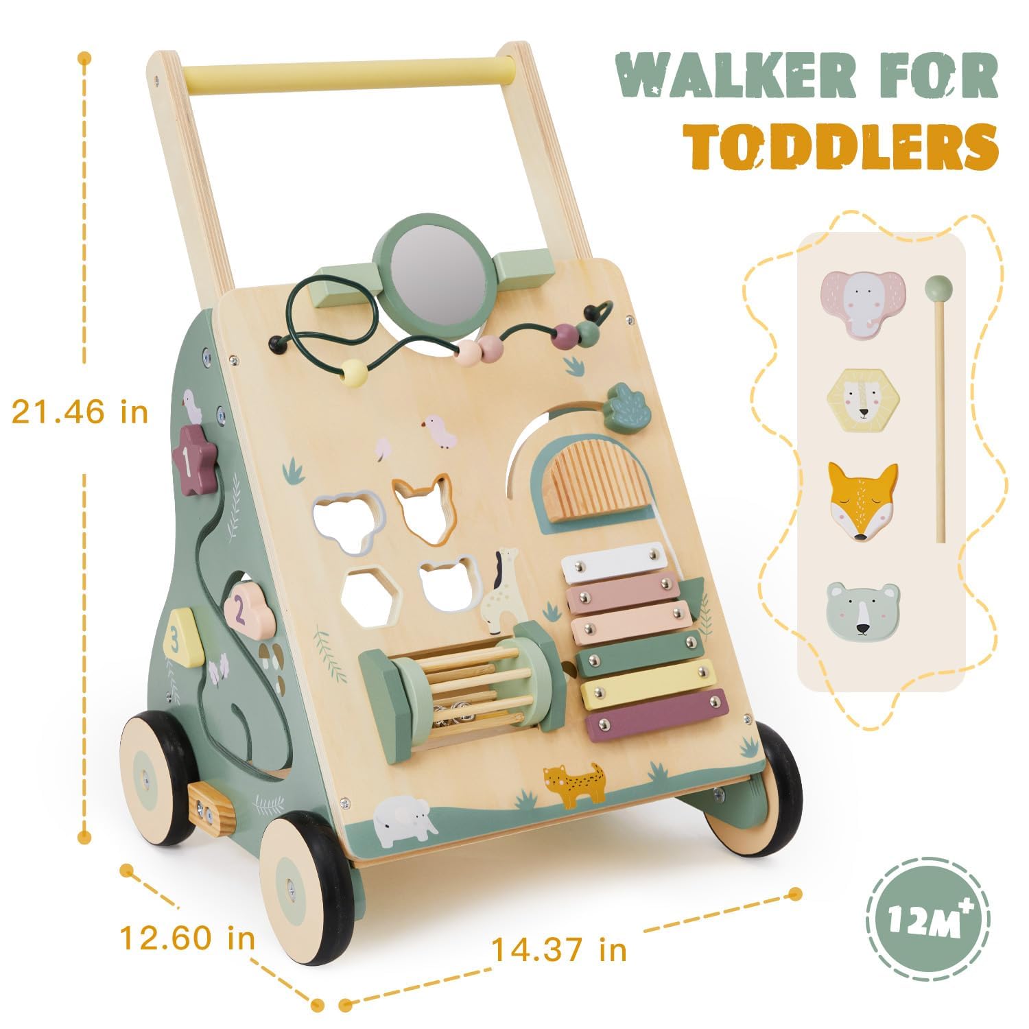 Labebe Passeggino in Legno 8 in 1 - Carrello per Bambini, Girello con Ruote Gommate e Centro Attività, Aiuto per Bambini