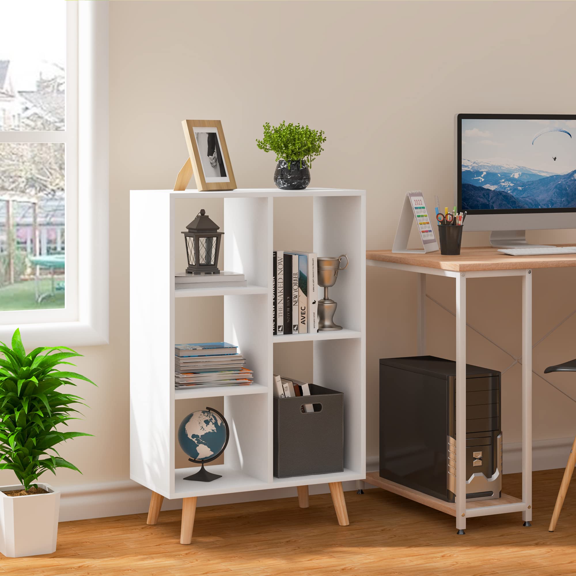WOLTU Estanteria para Libros de 5 Compartimentos Abiertos, Libreria para Oficina de Casa con Patas de Madera, Mueble Blanco de Almacenamiento para Libros, 60x30x95cm, SK011ws