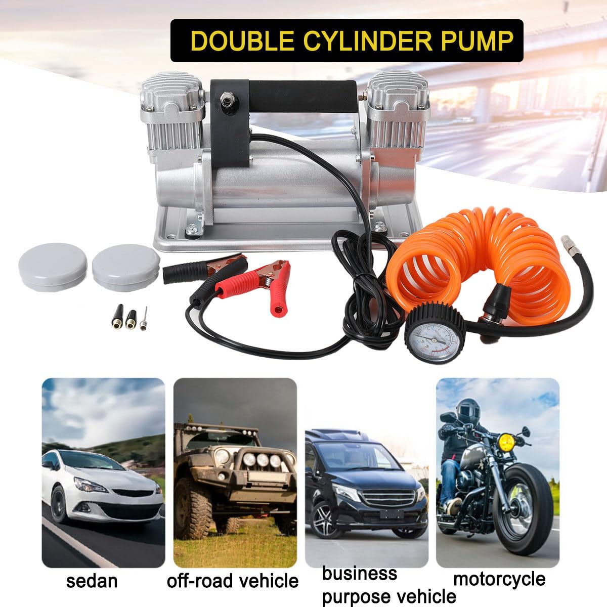 12 Volt Mobiler Kompressor für KFZ LKW Off-road mit Zubehör Tasche Reifenfüller Spiralschlauch Hochleistungs Luftkompressor Off Road Reifenpumpe