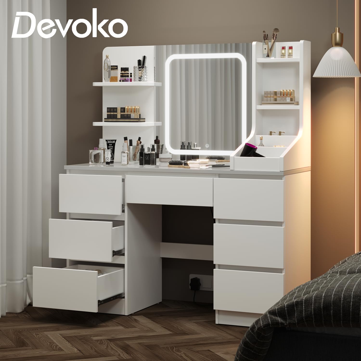 Devoko Coiffeuse LED avec 7 Grands Tiroirs, 3 Couleurs avec Luminosité Réglable, Table de Maquillage, Coiffeuse avec Miroir pour la Chambre à Coucher (Blanc)