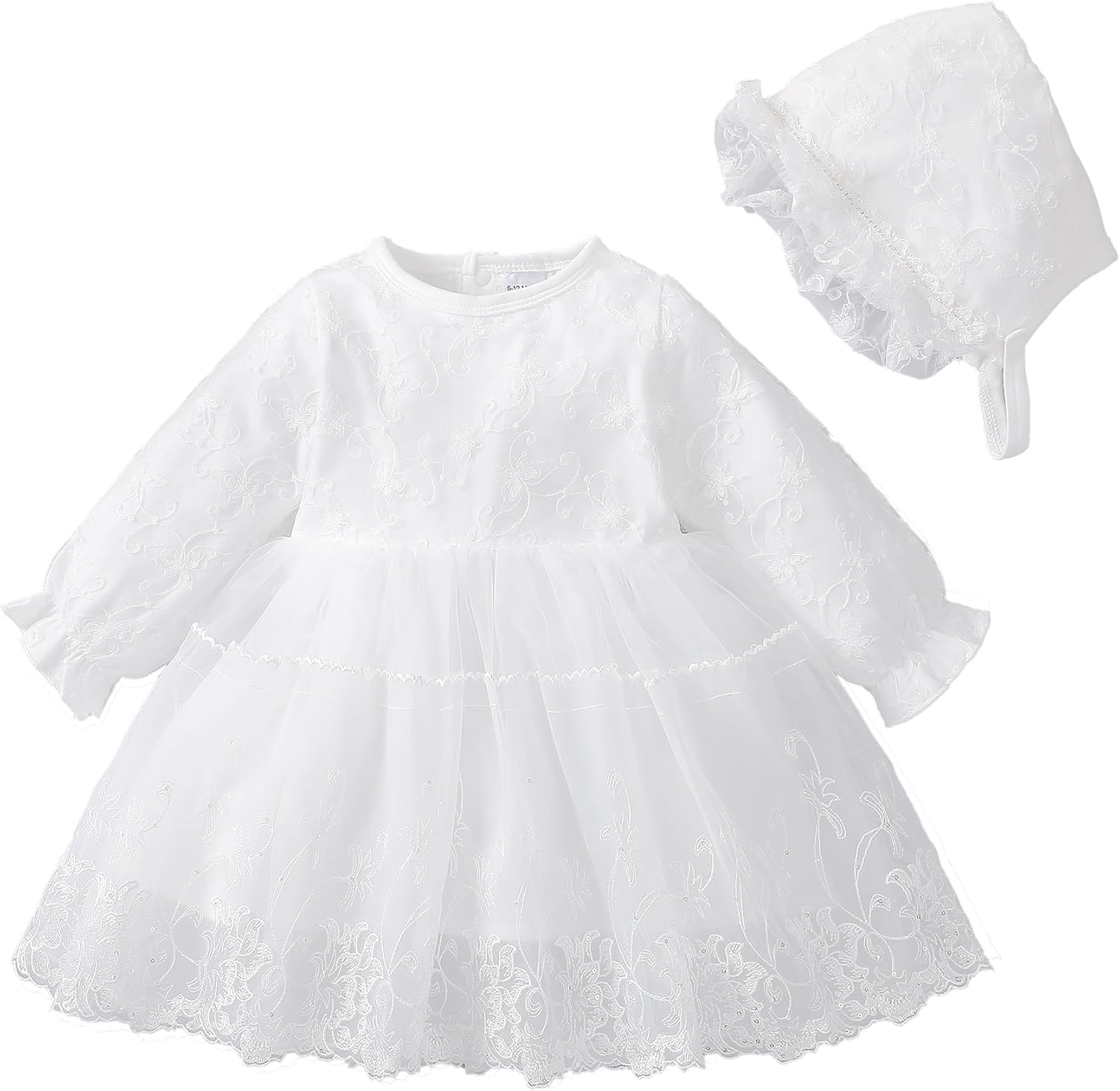 Newborn Baby Girl Christening Dress White Baptism Lace Short Sleeve Fall Wedding Dresses with Bonnet Outfit