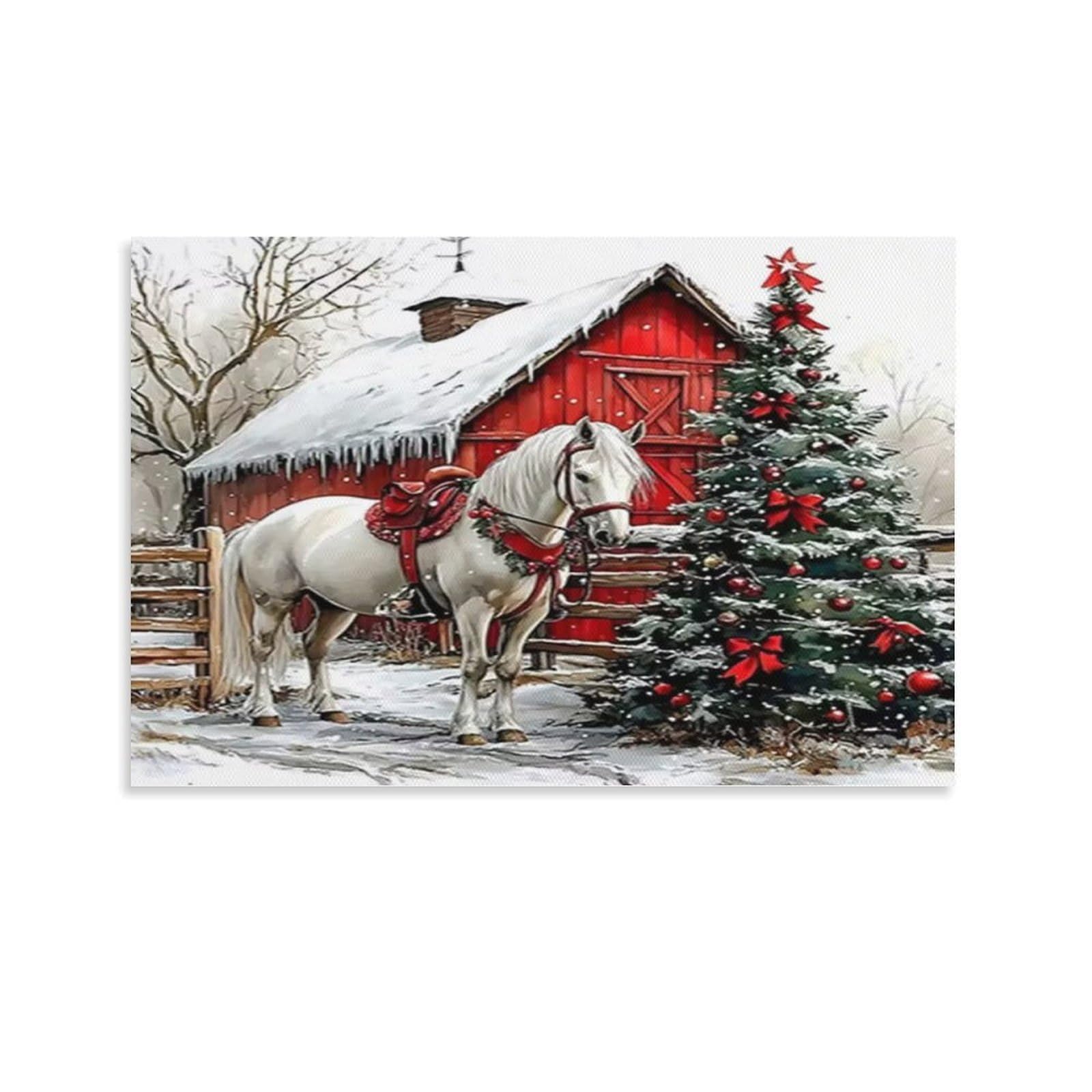 CPLVKWRQJ Snowy Red Barn with Horse Individual White Horse Red Barn Snowy Christmas Scene Canvas Artwork - Bedroom Canvas Painting Easy to Clean Space Transformer Decor 24x36inch(60x90cm)