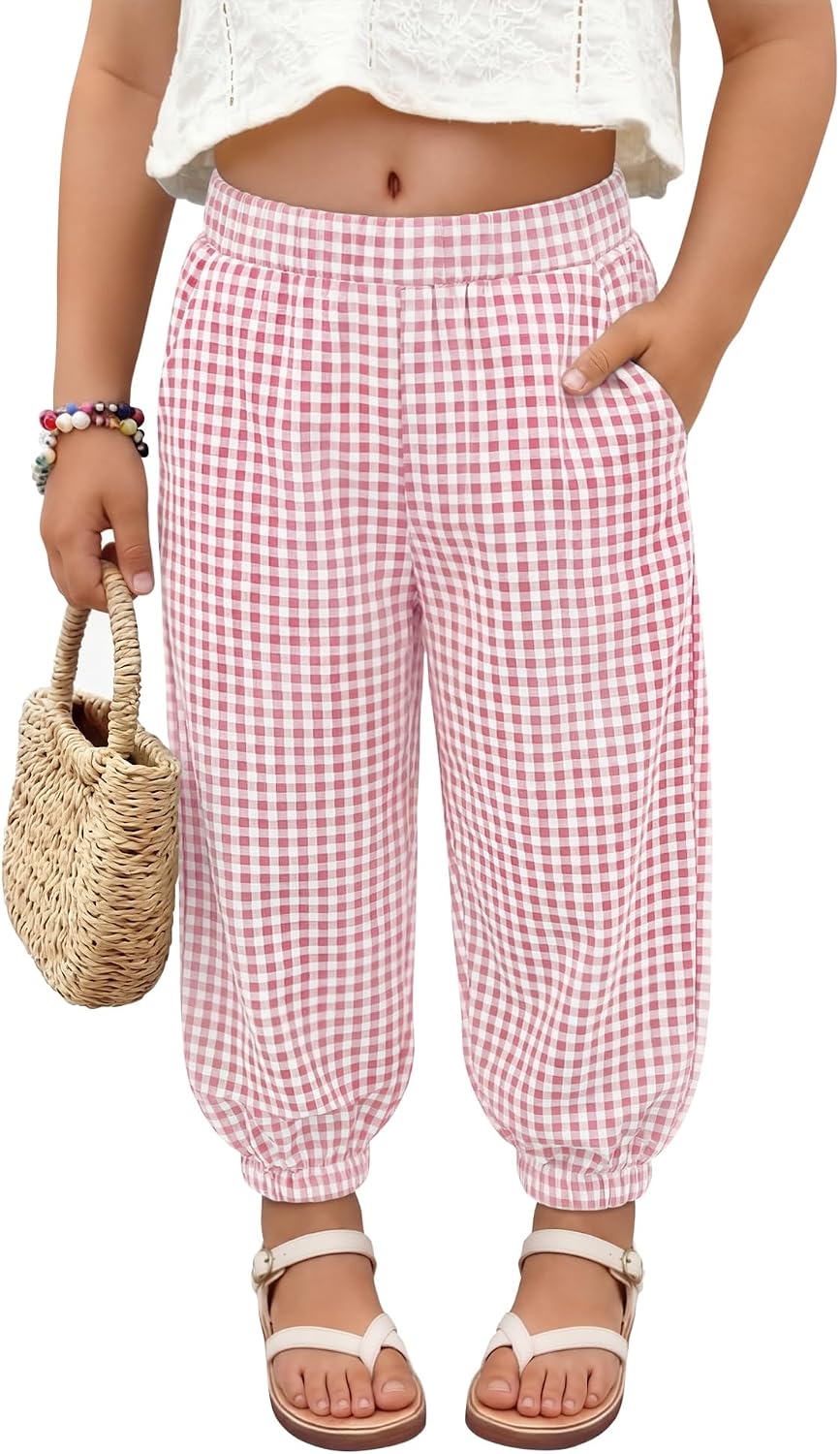 Toddler Girls Gingham Pants Baby Checkered Harem Pant Elastic Waist Plaid Jogger Infant Baggy Casual Sweatpants