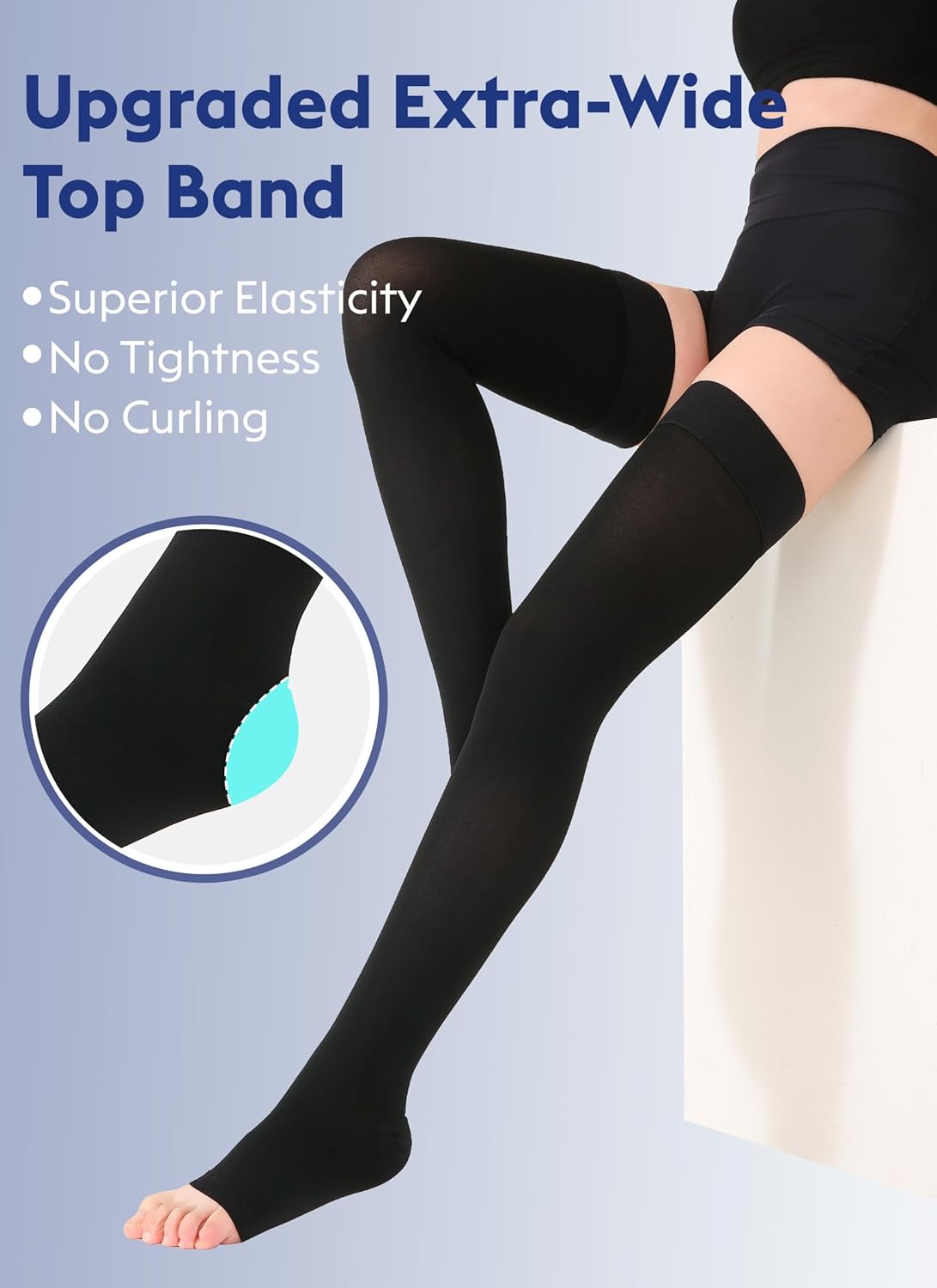 Thigh High Compression Stockings Toeless - Unisex, Opaque, KEKING 20-30mmHg Graduated Compression Leg Support Hose with Anti-Slip Silicone Band - Swelling, Varicose Veins, Edema, Travel, Black Medium - Image 6