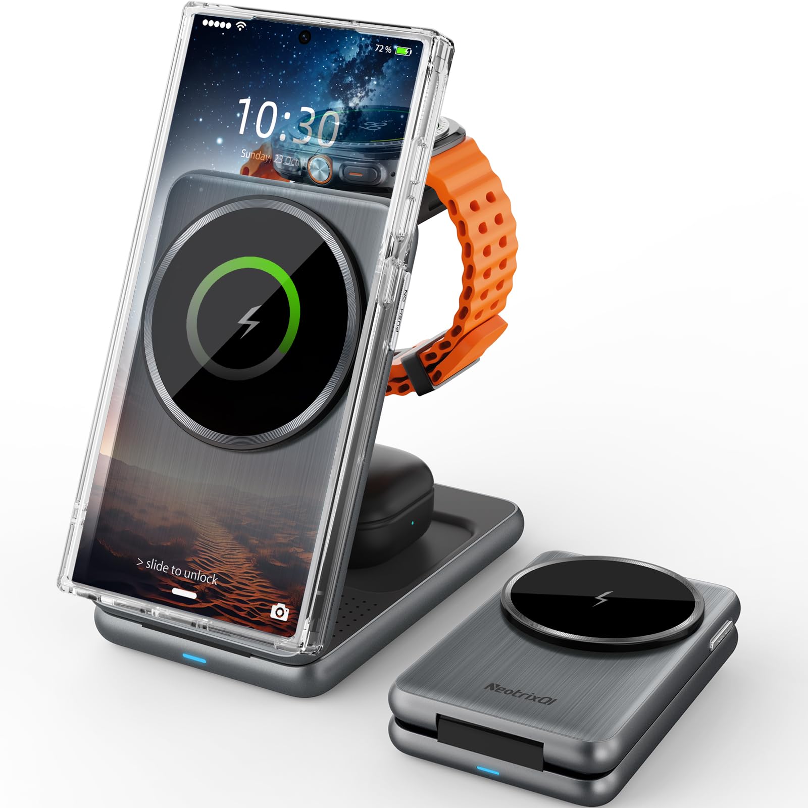 Cargador Inalámbrico para Samsung mag-Safe Charger, Estación de Carga Magnética para Samsung Galaxy S25 Ultra S24, Plegable Cargador Samsung Watch para Galaxy Watch Ultra 8 7 Buds 3 (Argent)
