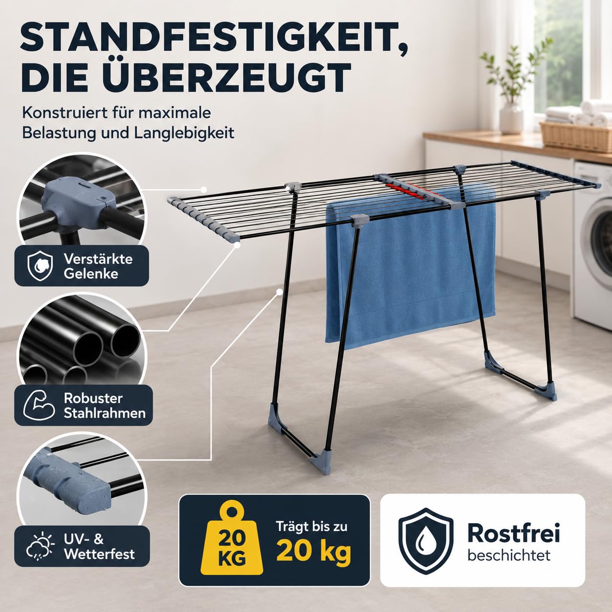 Wäscheständer ausziehbar 20m Trockenfläche – XXL Standtrockner klappbar mit Rollen & Klemmen, für 2 Waschladungen, Balkon & Innen